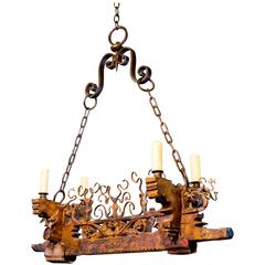 Unusual Vintage Handcrafted Iron and Wood Chandelier from Sicily