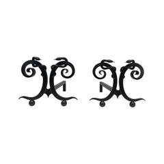 Vintage Pair of wrought iron andirons with Snakes in the style of Edgar Brandt