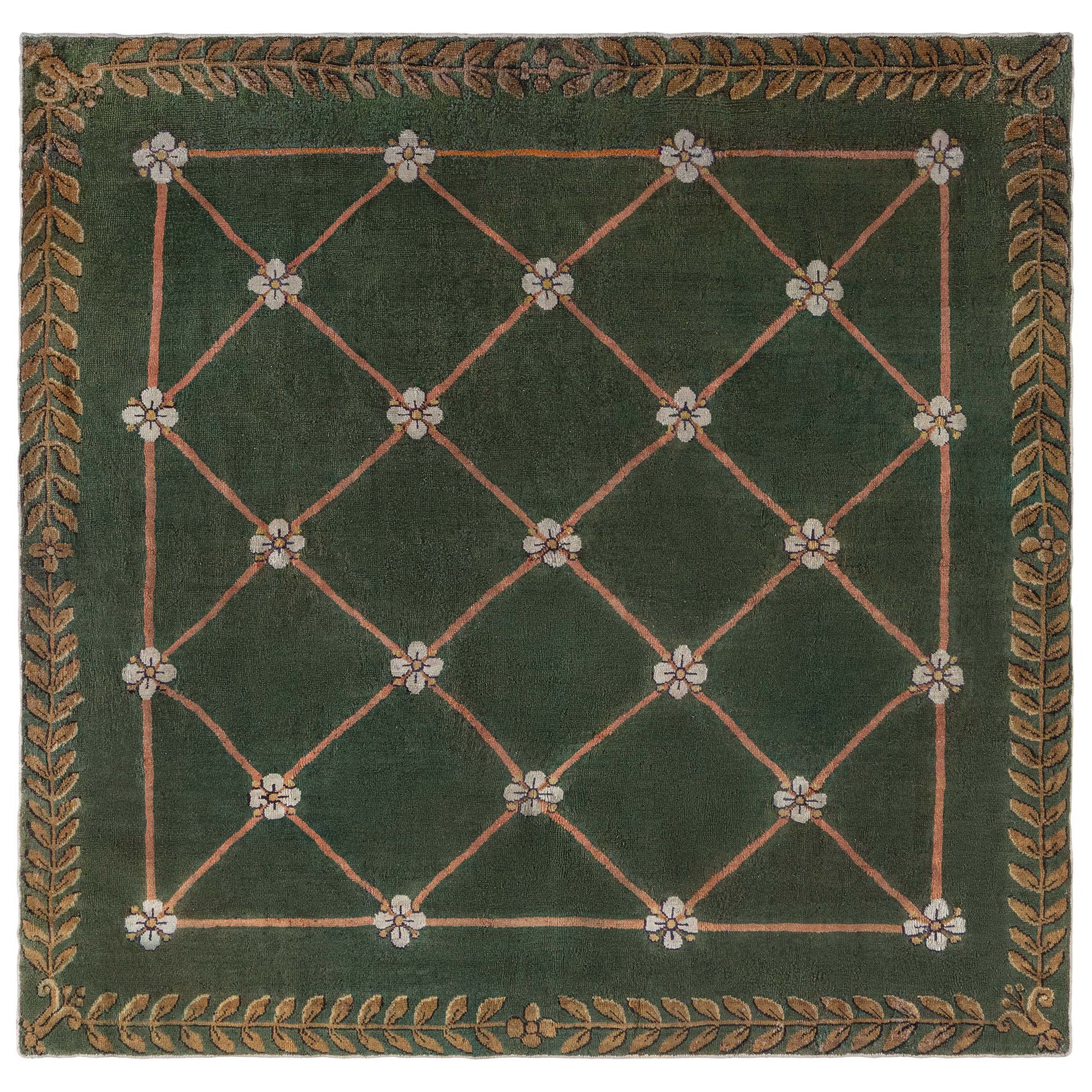 Authentic 19th Century Savonnerie Green Wool Carpet For Sale