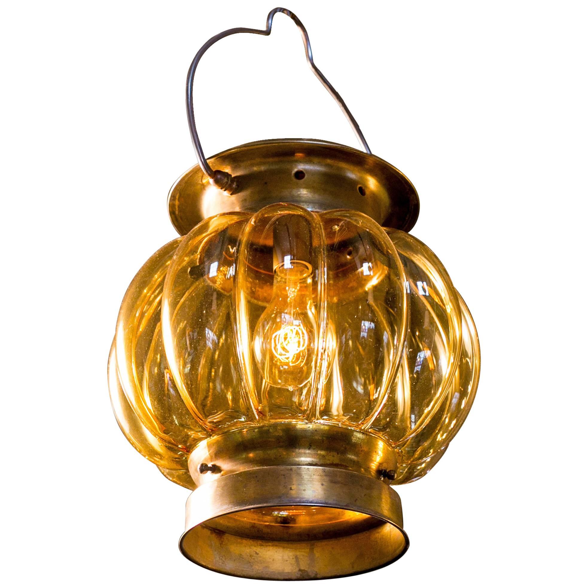 Blown Amber Glass and Brass Lantern from Italy, Circa 1960