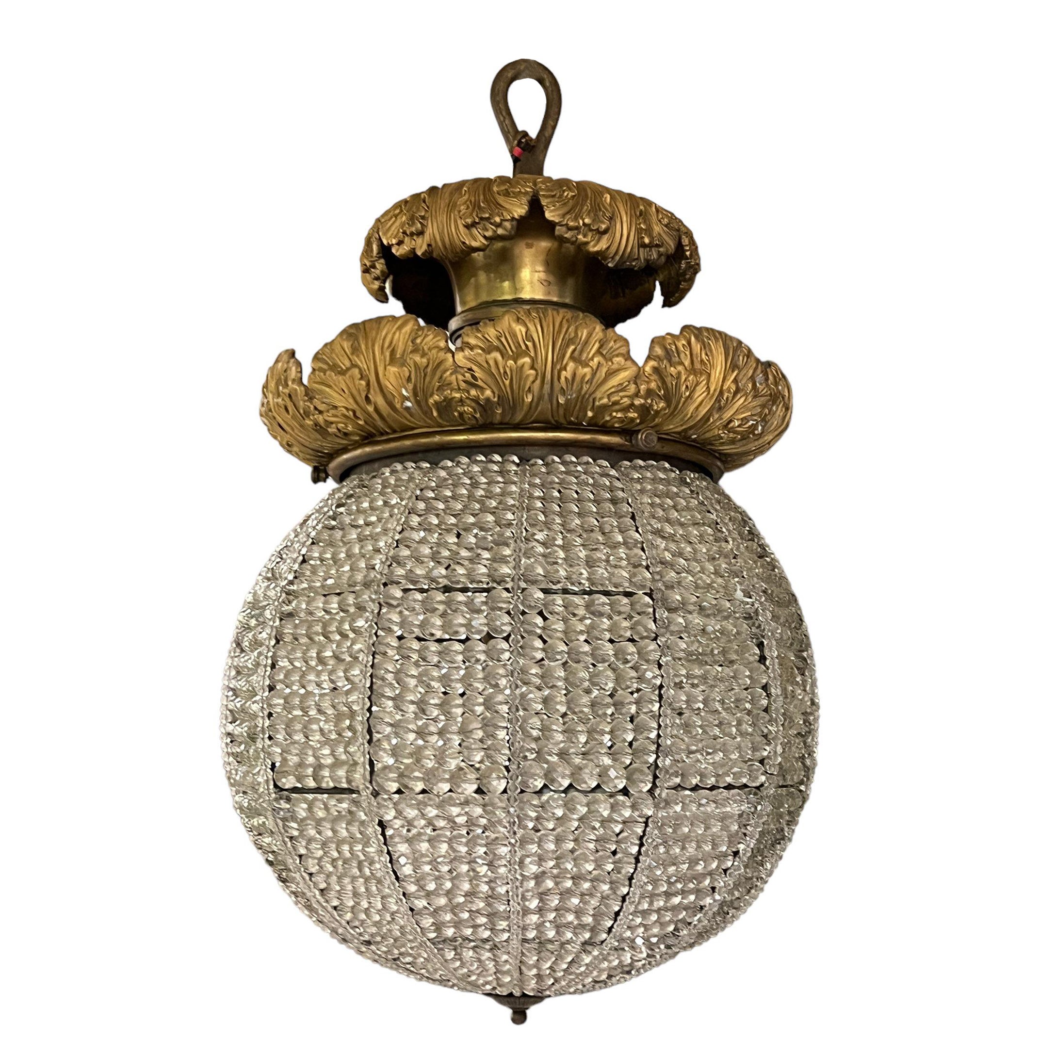 Antique Spherical Beaded Crystal and Gilt Bronze Chandelier For Sale