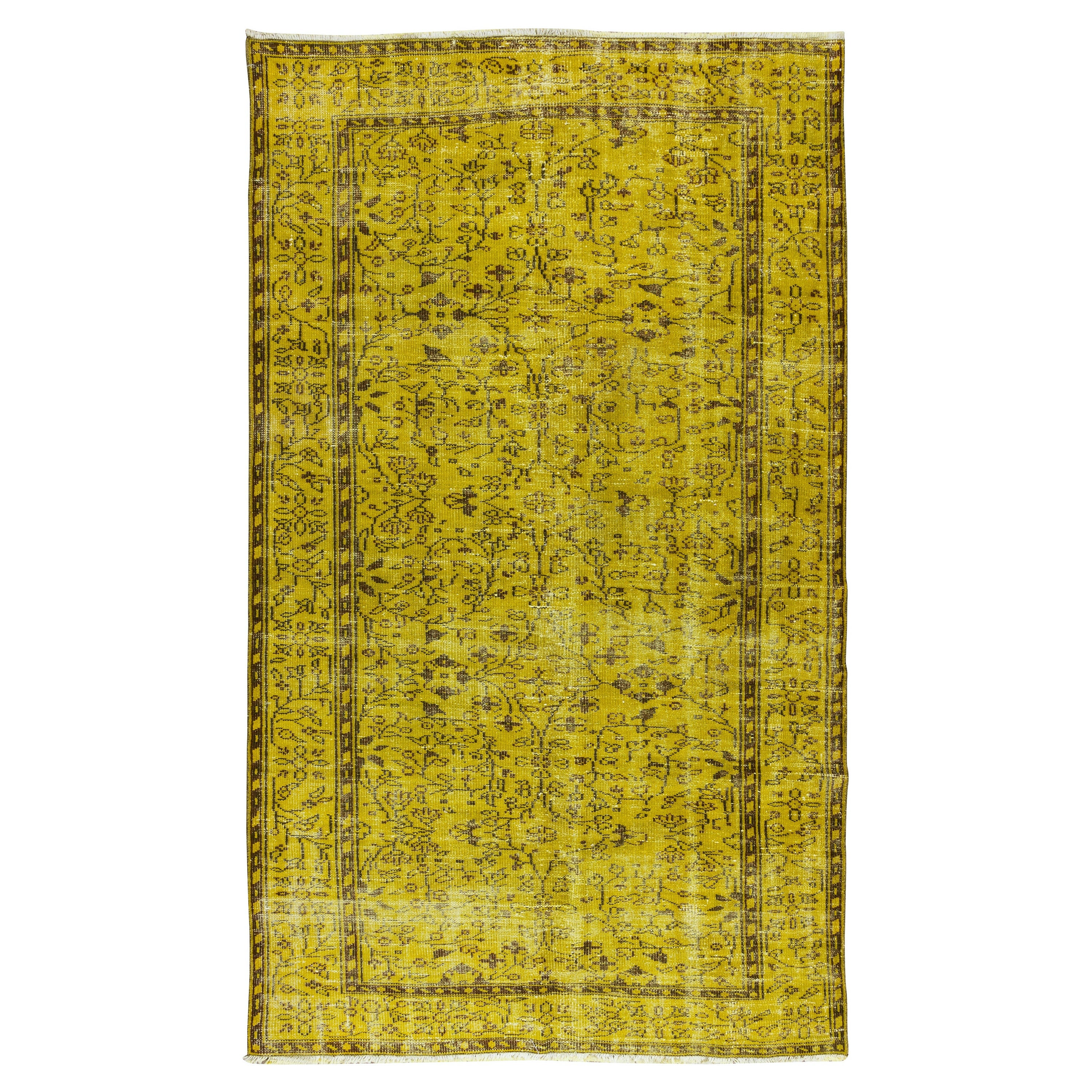 5.3x8.6 Ft Handmade Turkish Yellow Area Rug with Floral Design For Sale
