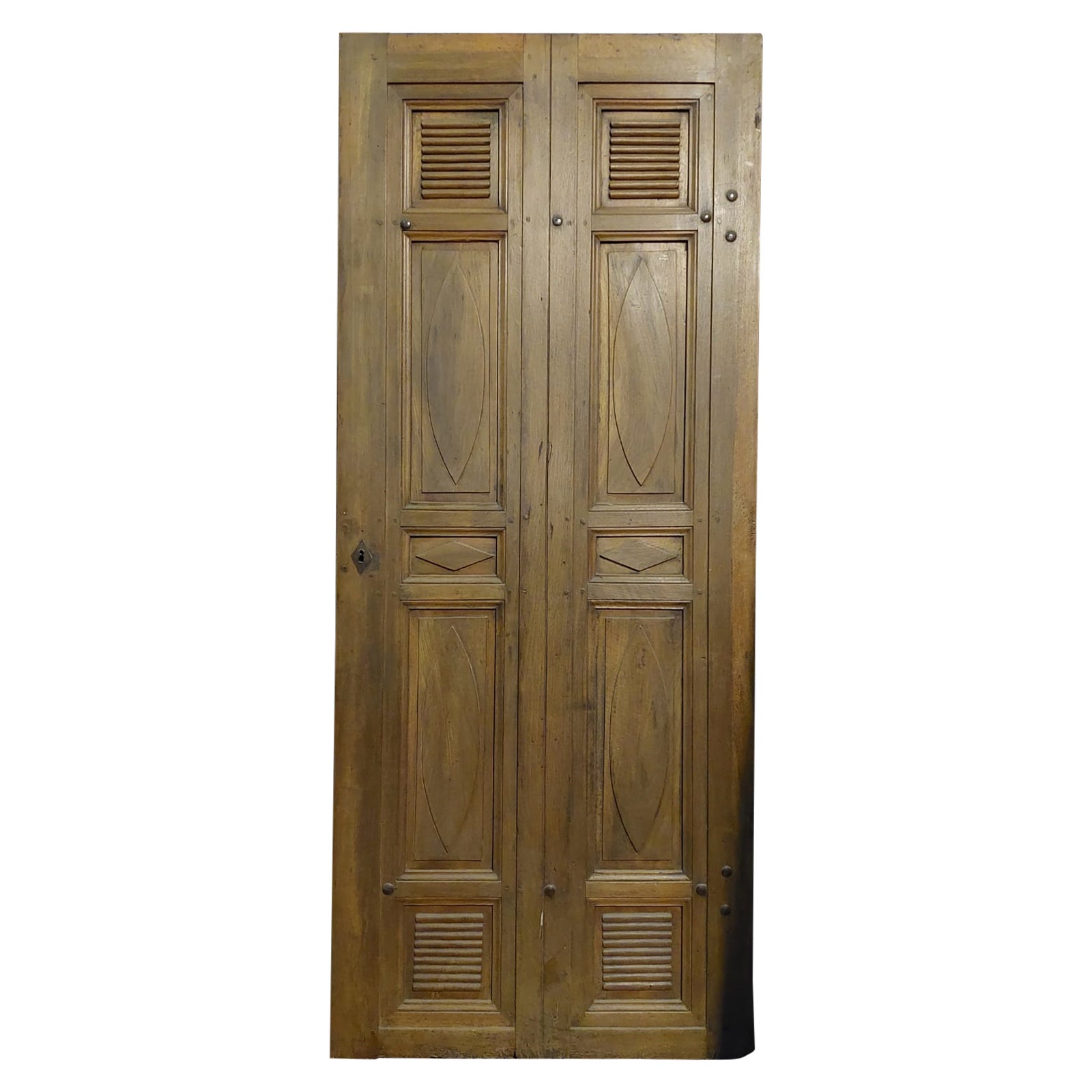 Single-leaf entrance door carved in walnut, Italy For Sale