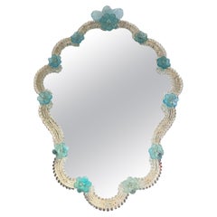 Beautiful Murano Glass Wall Mirror Blue Flowers and Clear Glass, Italy 1960s