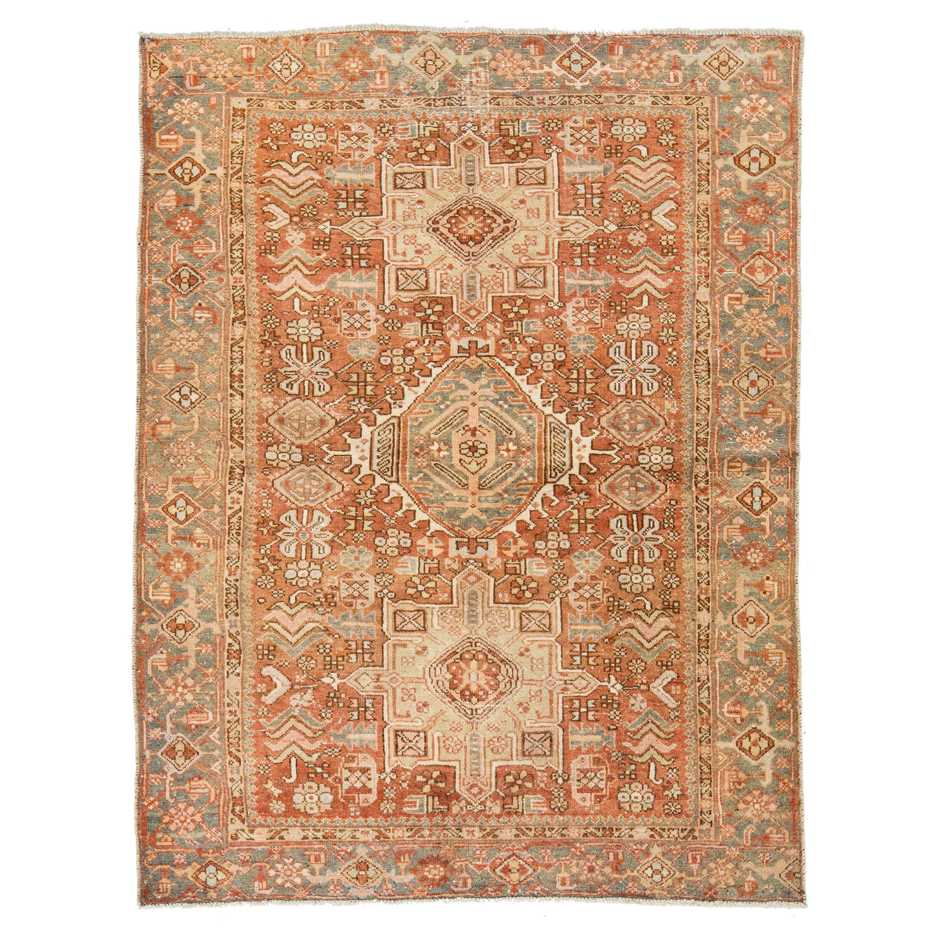 Persian Heriz Antique Wool Rug In Rust Color Featuring a Tribal Pattern