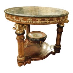 Antique Round table with pedestal, chiseled bronzes, green marble top, 1840 Germany