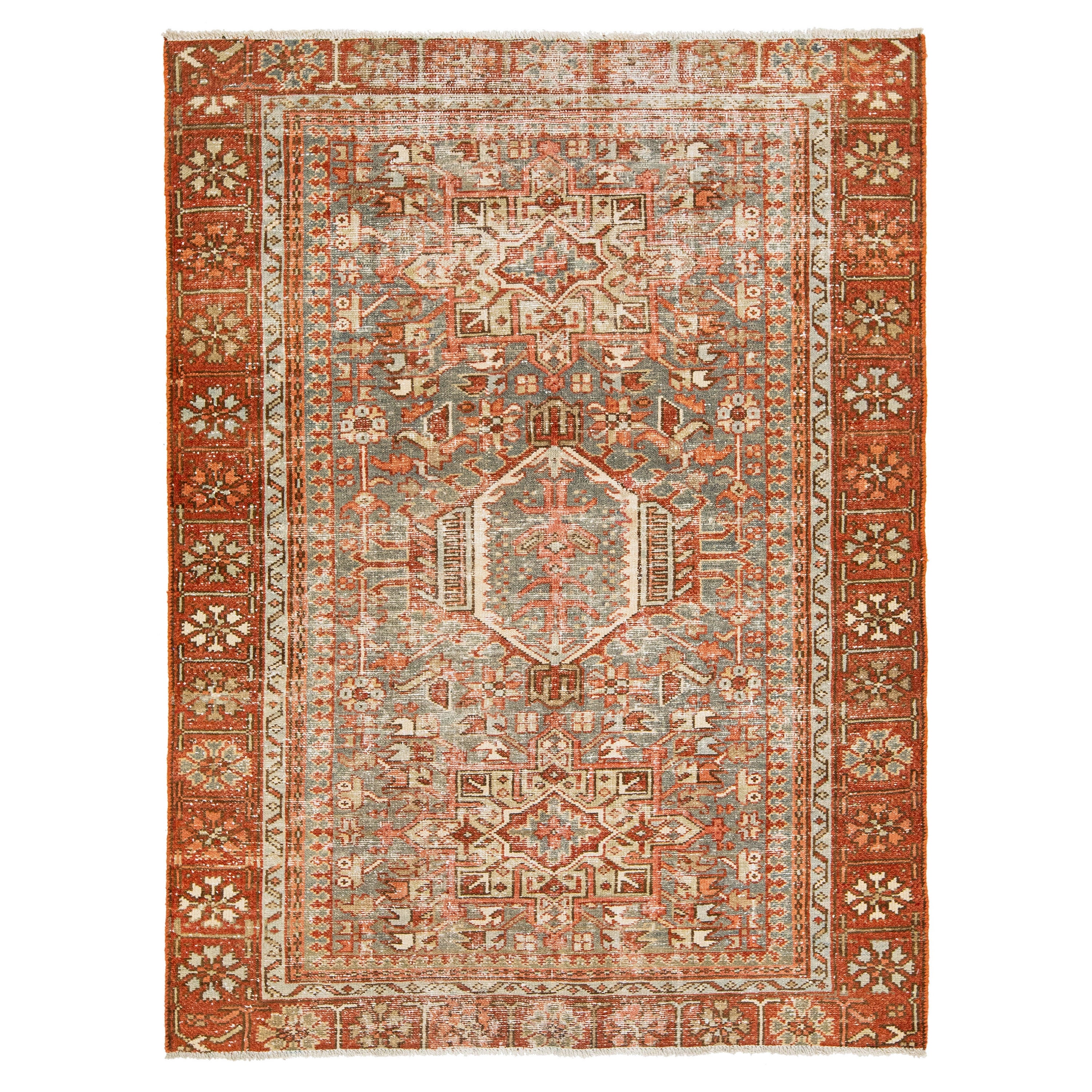 Antique Persian Heriz Wool Rug Featuring an Allover Motif In Rust For Sale