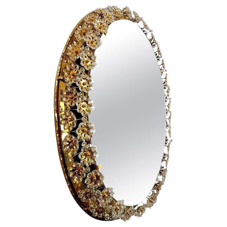 Backlit Flower Mirror, Gilt Brass Crystals, 1970
