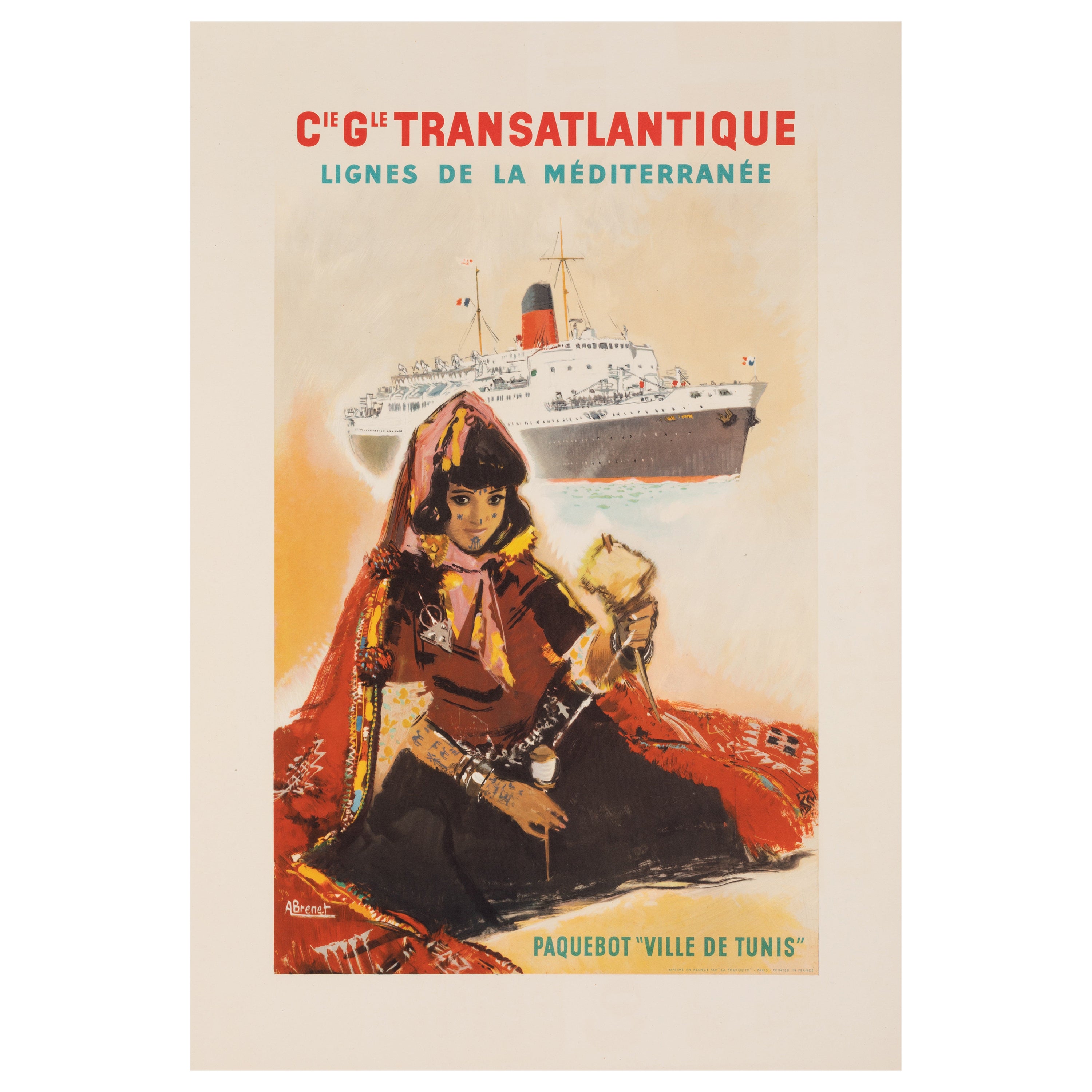 Affiche vintage d'origine Brenet, CGT, Ocean Tunis Liner, Henna, Spindle, 1955
