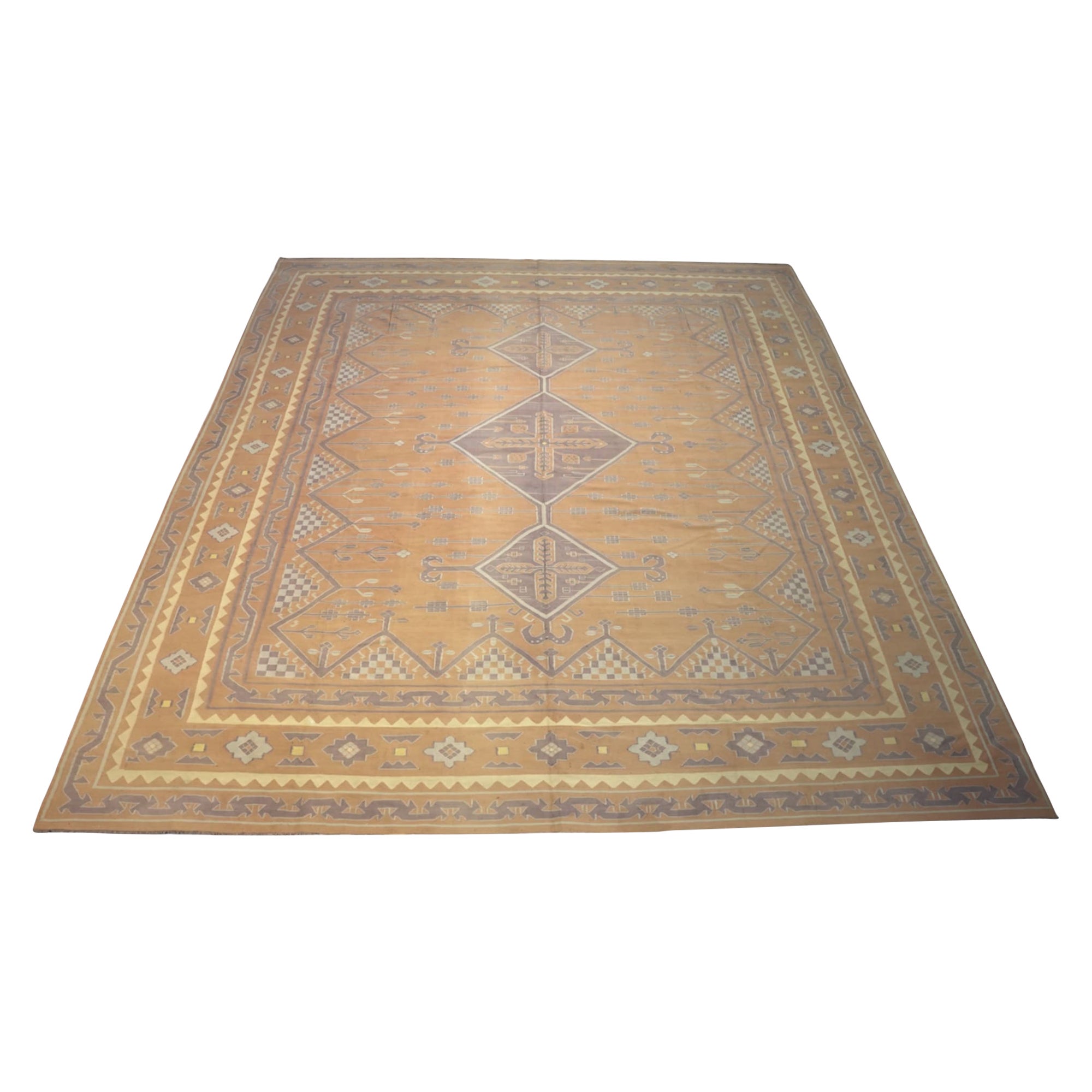 Vintage Dhurrie Rug in Brown with Mauve Geometric Patterns, from Rug & Kilim