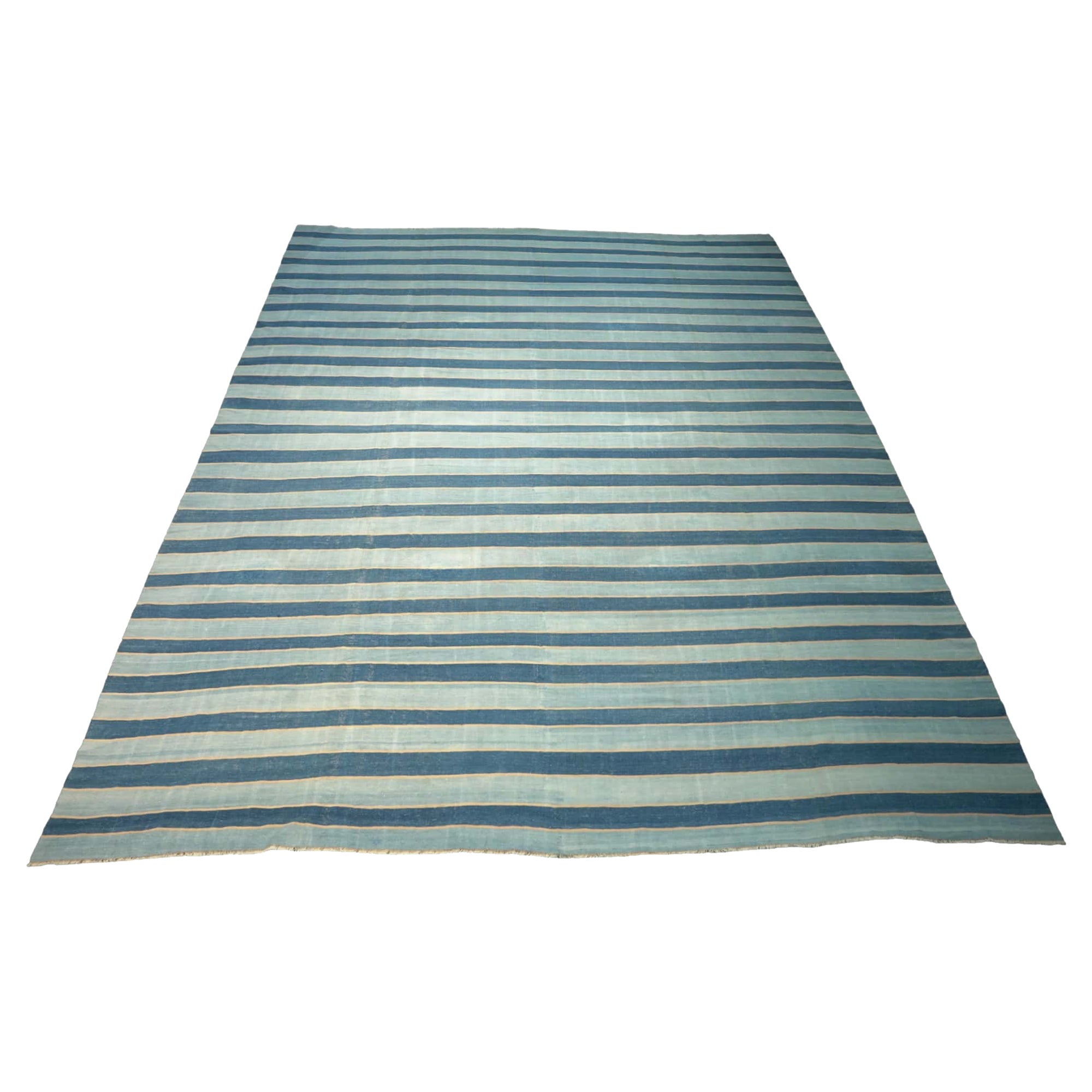 Vintage Dhurrie Rug, with Blue Stripes, from Rug & Kilim For Sale