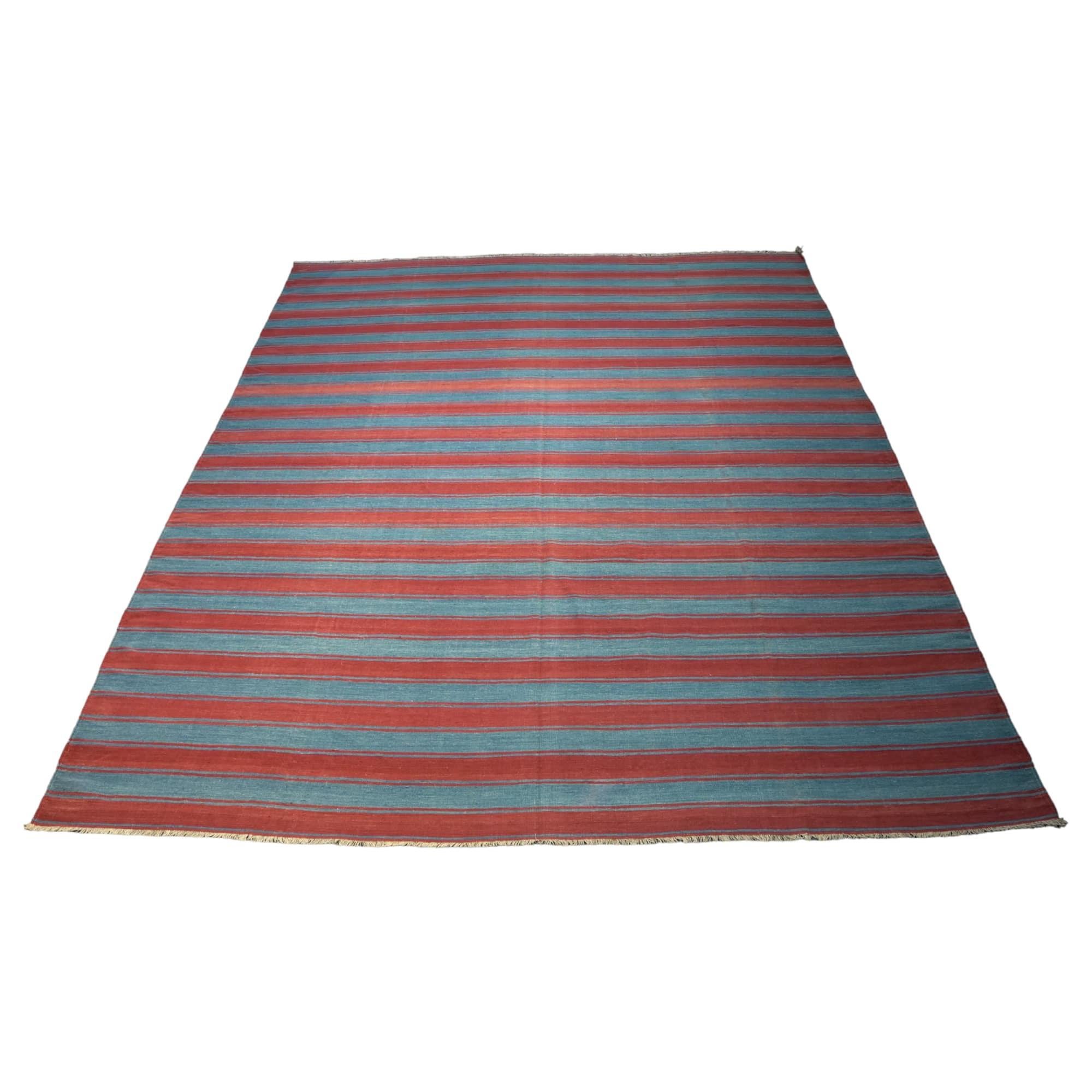 Vintage Dhurrie Rug, with Red and Blue Stripes, from Rug & Kilim For Sale