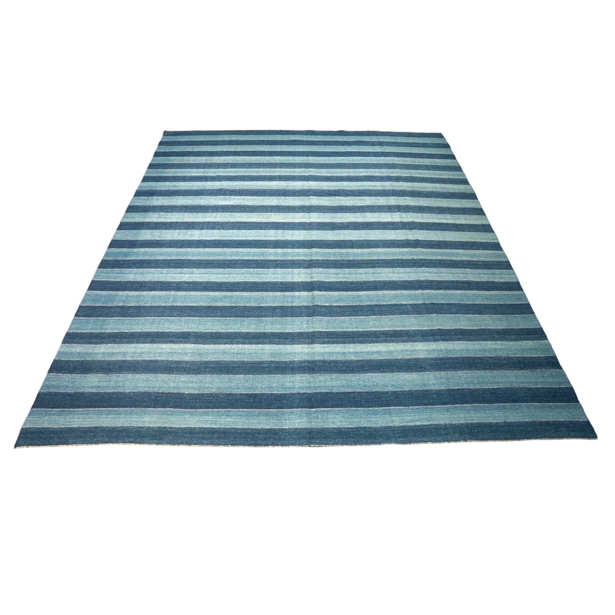 Vintage Dhurrie Teppich, mit blauen Streifen, von Rug & Kilim