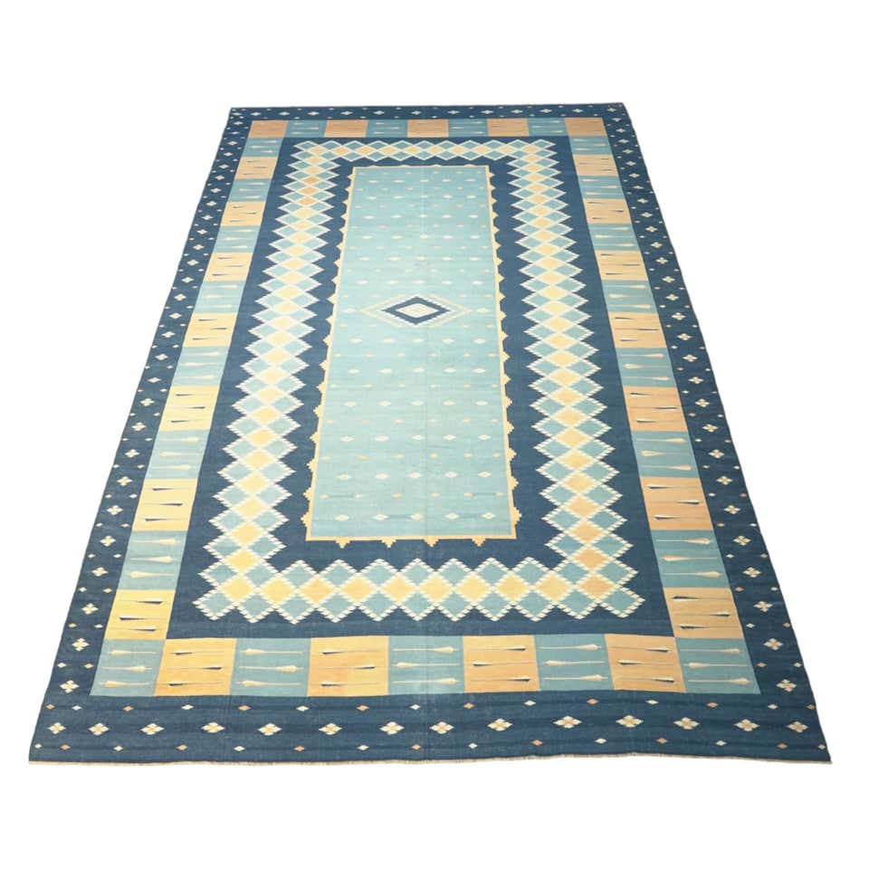 Vintage Dhurrie Rug with Blue and Gold Geometric Pattern, from Rug and ...