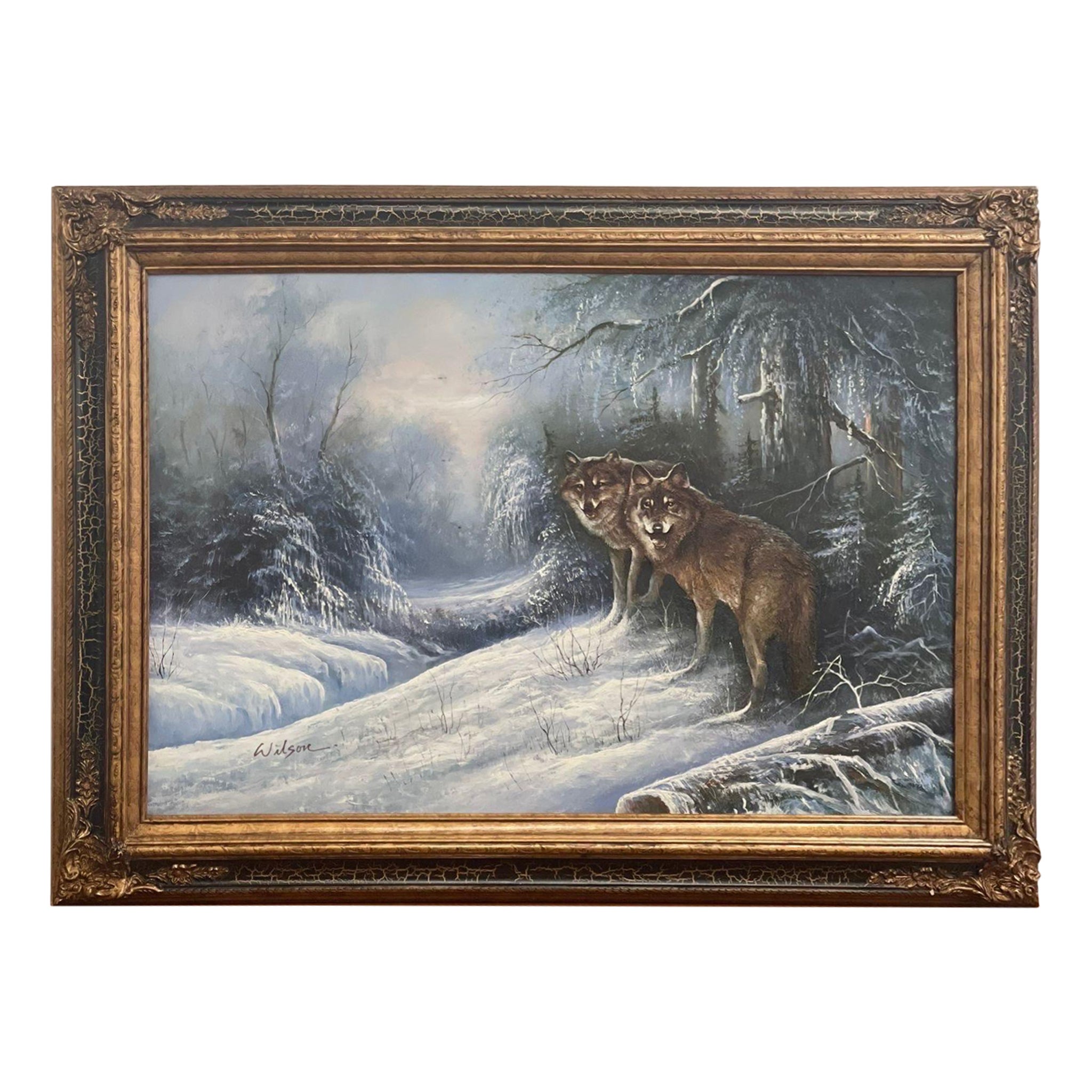Peinture vintage encadrée et signée représentant des Wolves dans les bois.
