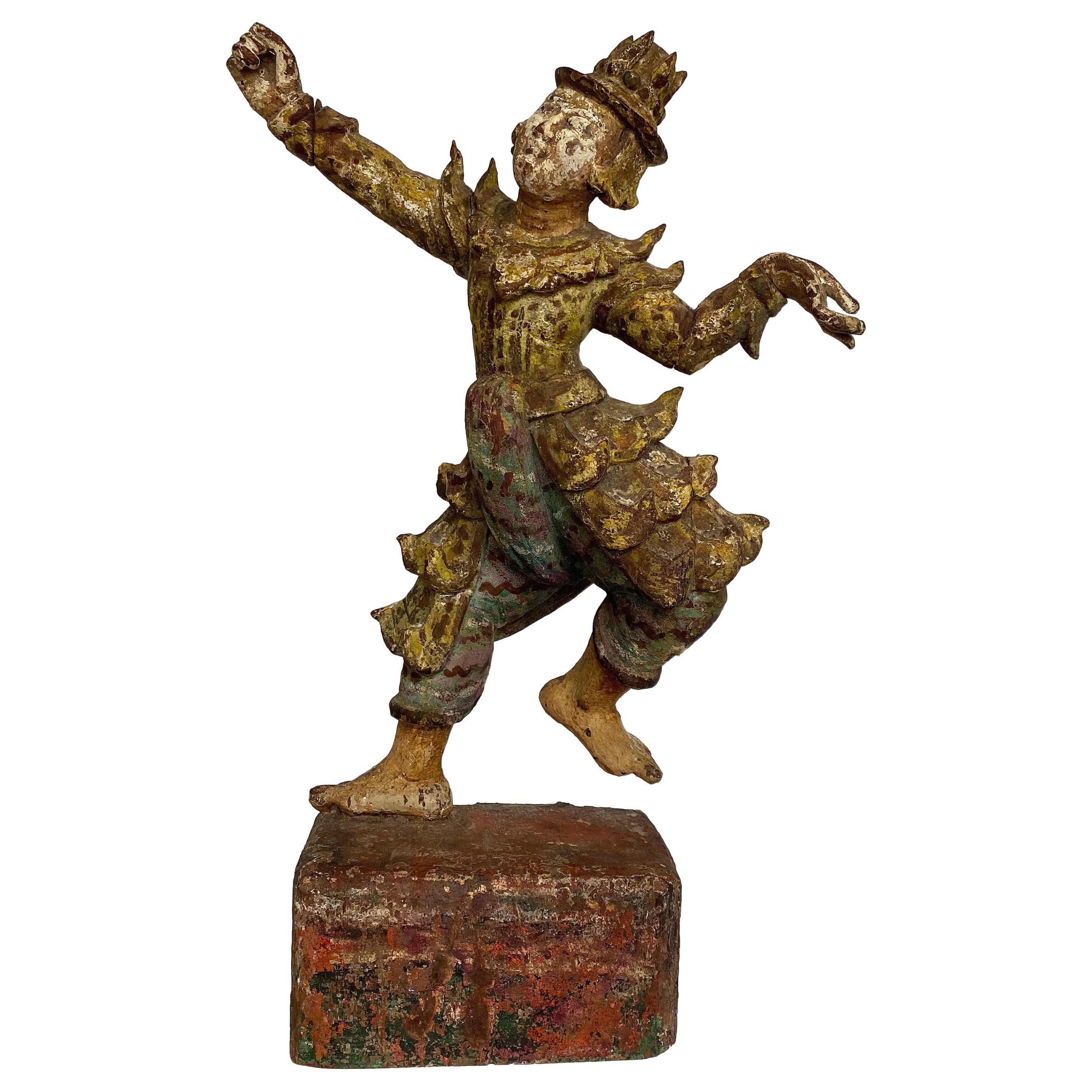 Polychrome Wood Thai Dancer, 19th Century For Sale
