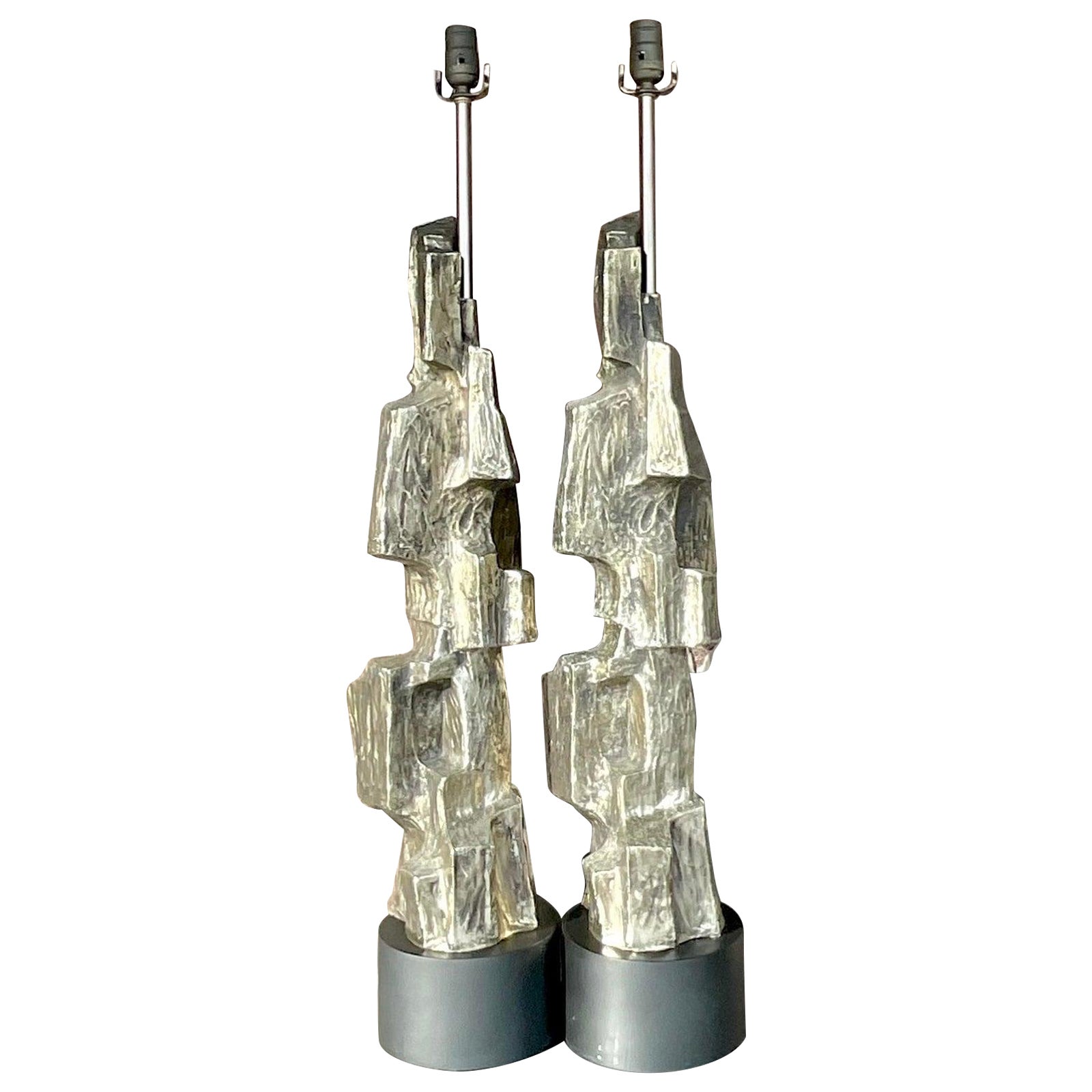 Vintage Richard Barr for Laurel Brutalist Cast Metal Lamps - a Pair For Sale