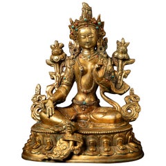 Statue de Tara verte népalaise en bronze ancien du milieu du 20e siècle - dorée à l'or fin 24 krt