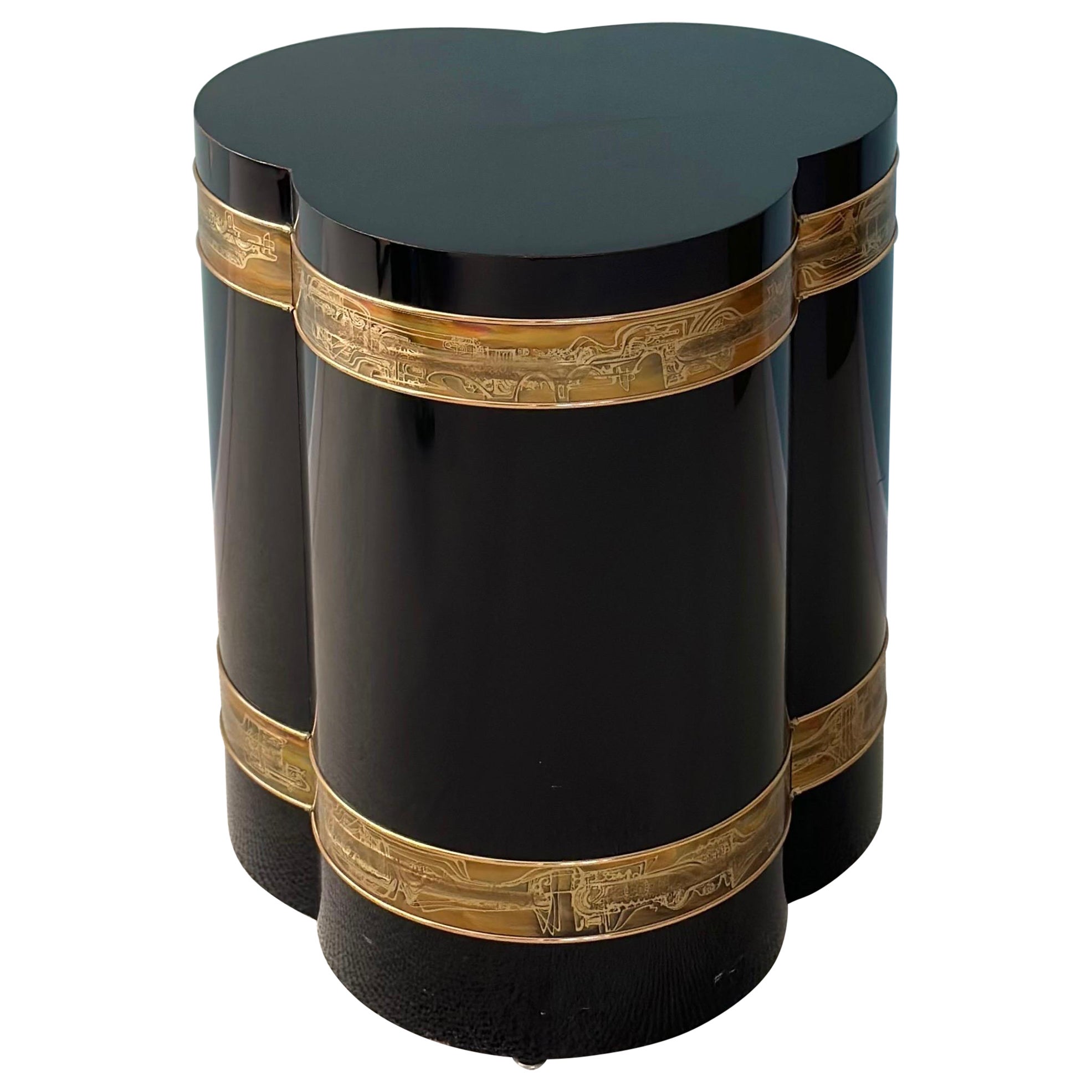 1970s Bernard Rohne for Mastercraft Trefoil Black Lacquer and Brass Side Table 