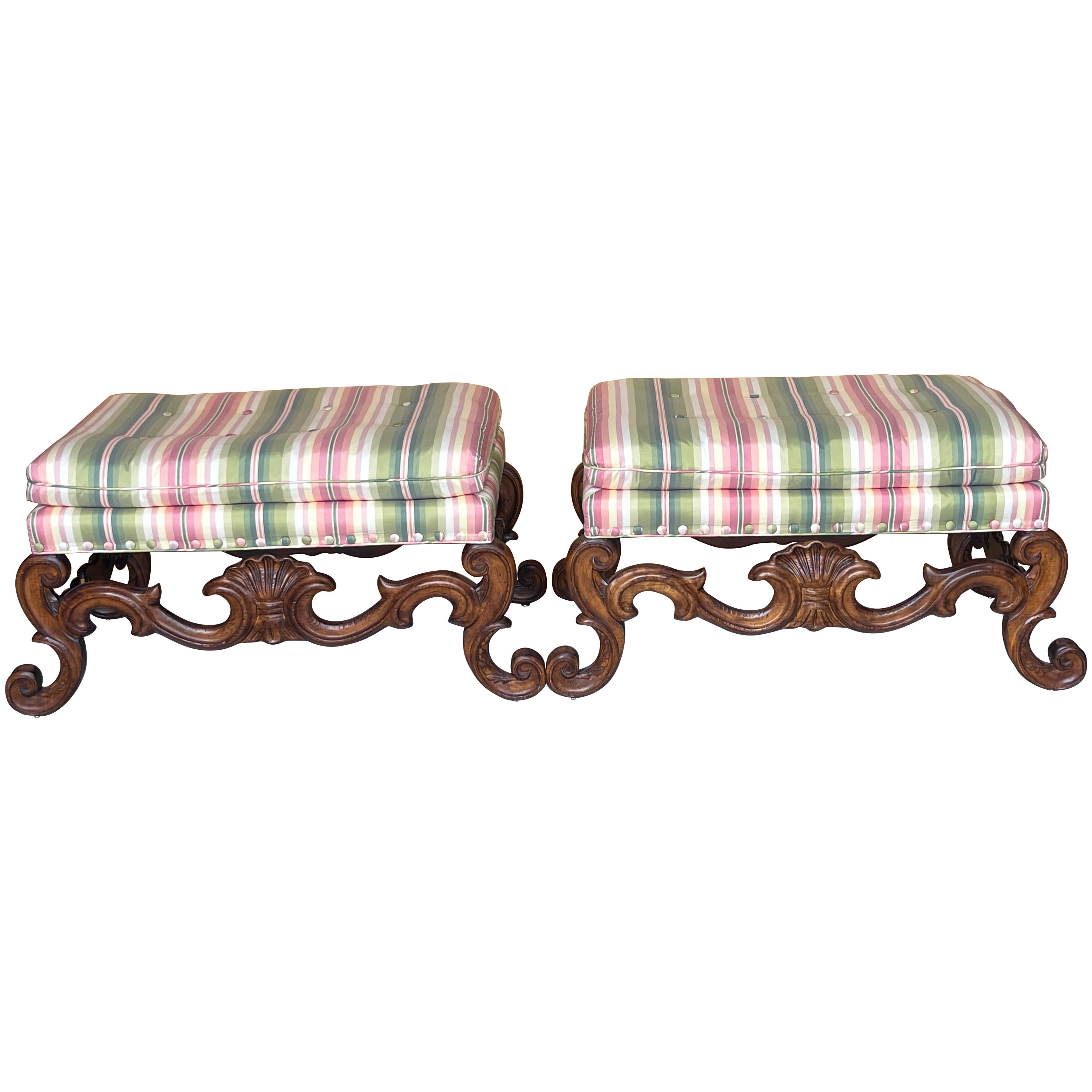 Pair of Carved Walnut Neoclassical Shell Carved Benches, By Baker  For Sale