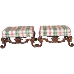 Retro Pair of Carved Walnut Neoclassical Shell Carved Benches, By Baker 