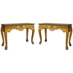 Pair of Turn of the Century Georgian Style Marble-Top Gilt Consoles