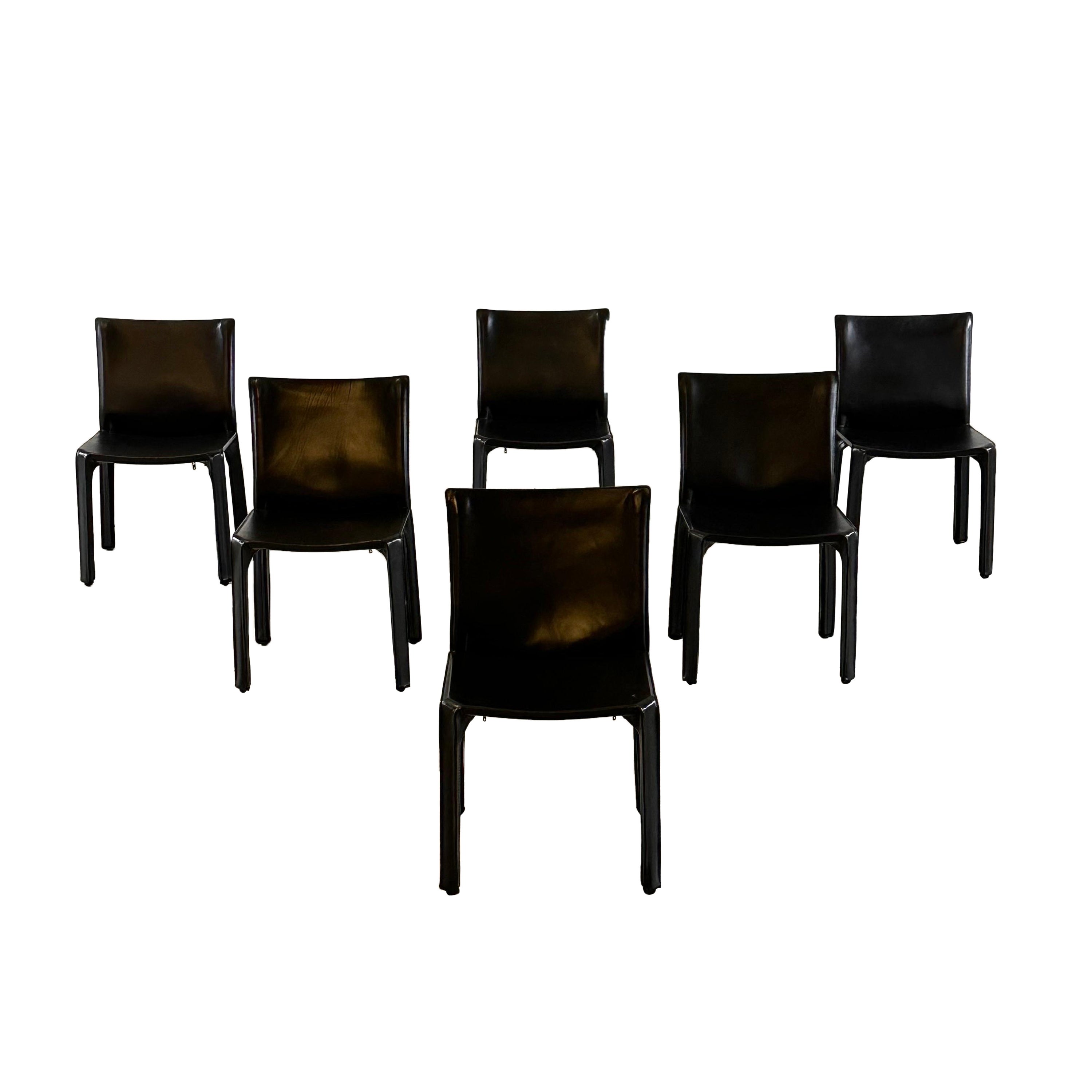 Set of Six CAB 412 Chairs by Mario Bellini for Cassina in Black Leather, 1970s For Sale