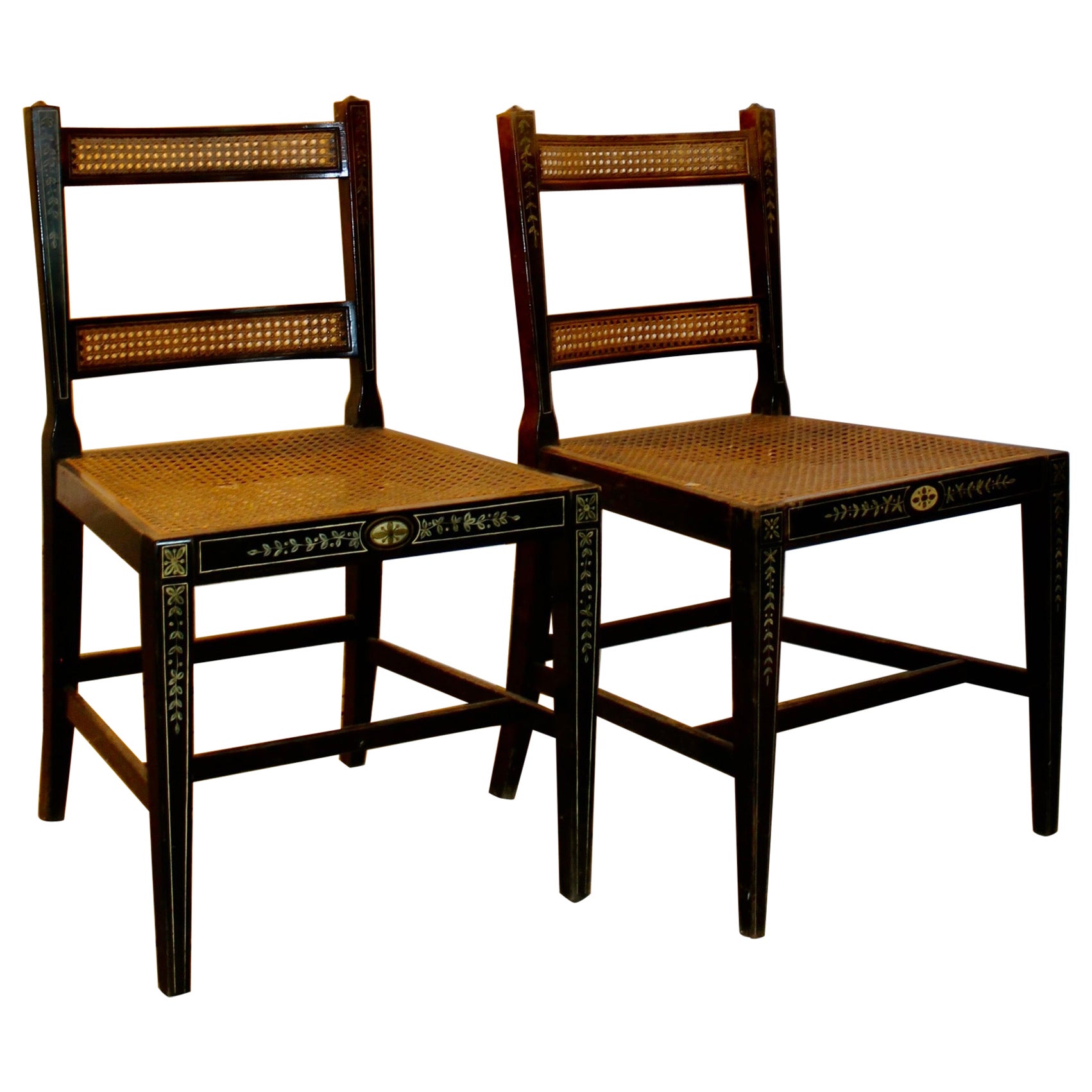 Pair Sheraton Style Hand Decorated Ebonized Caned Side Chairs