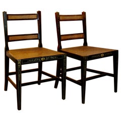 Pair Sheraton Style Hand Decorated Ebonized Caned Side Chairs