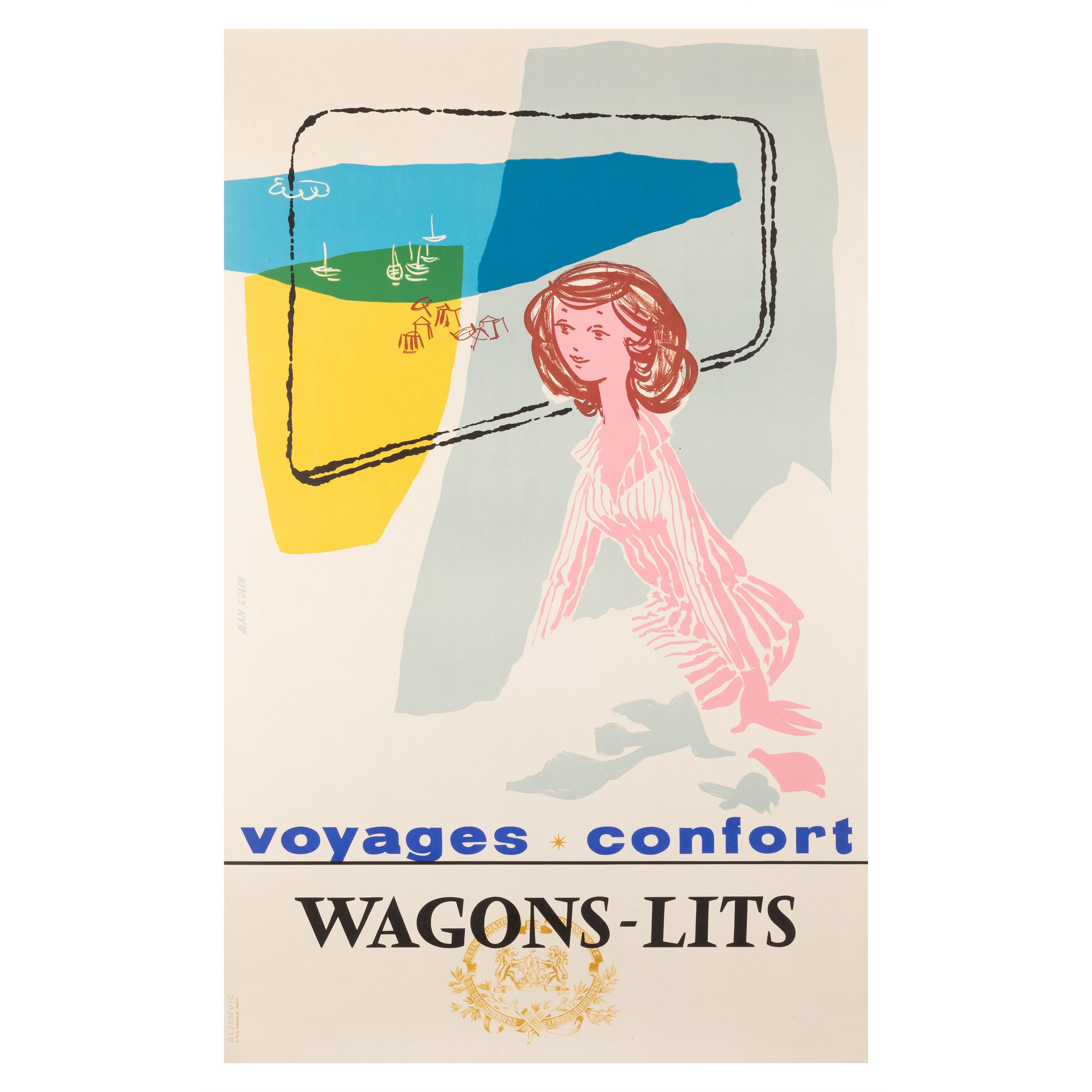 Colin, Original Vintage Poster, Wagons Lits, Train, Beach, Sea, Ship, 1950 For Sale