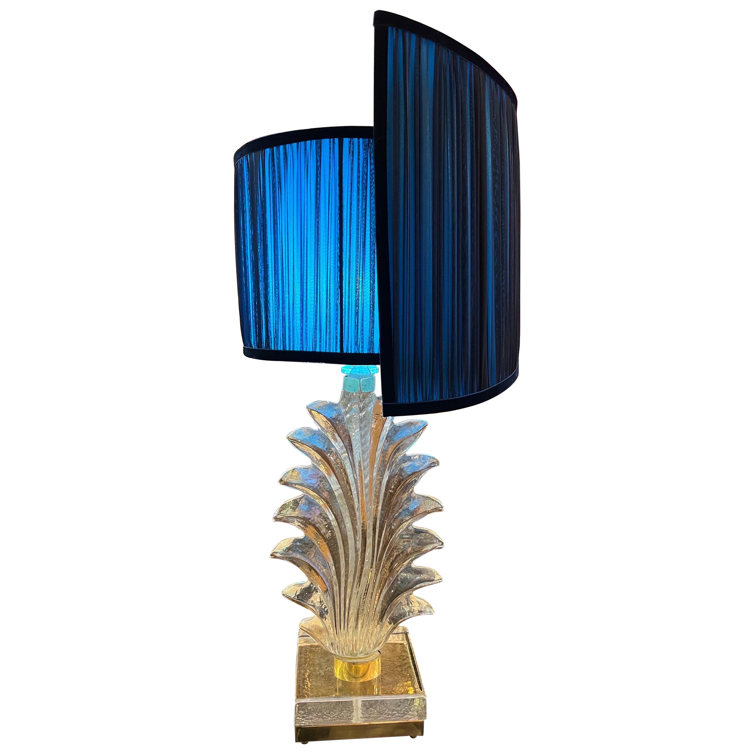 Murano Clear Glass Leaf Table Lamp with our Double Color Spiral Lampshade, 1940s For Sale