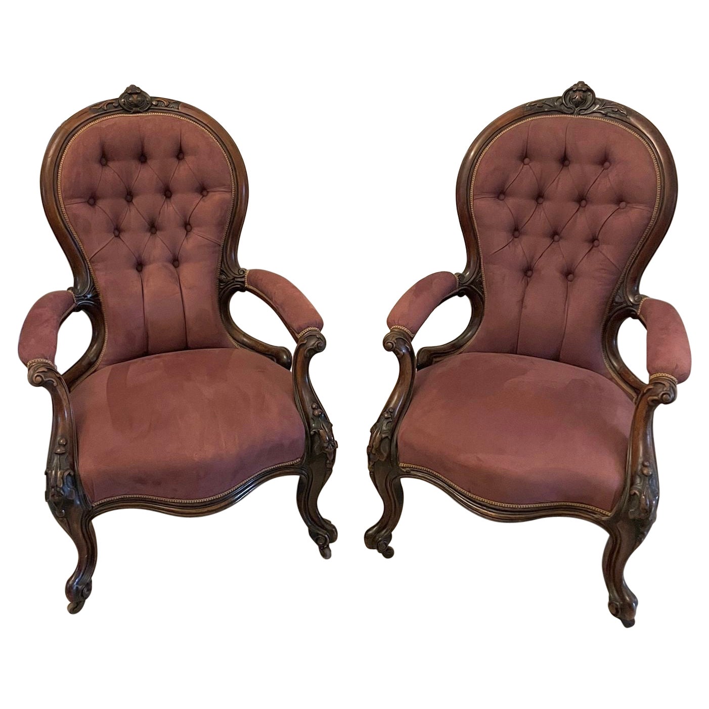 Unusual Pair of Antique Victorian Quality Carved Walnut Armchairs  For Sale