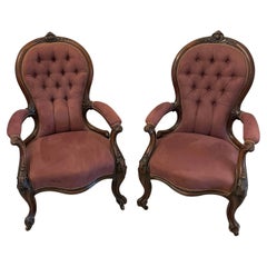Unusual Pair of Antique Victorian Quality Carved Walnut Armchairs 