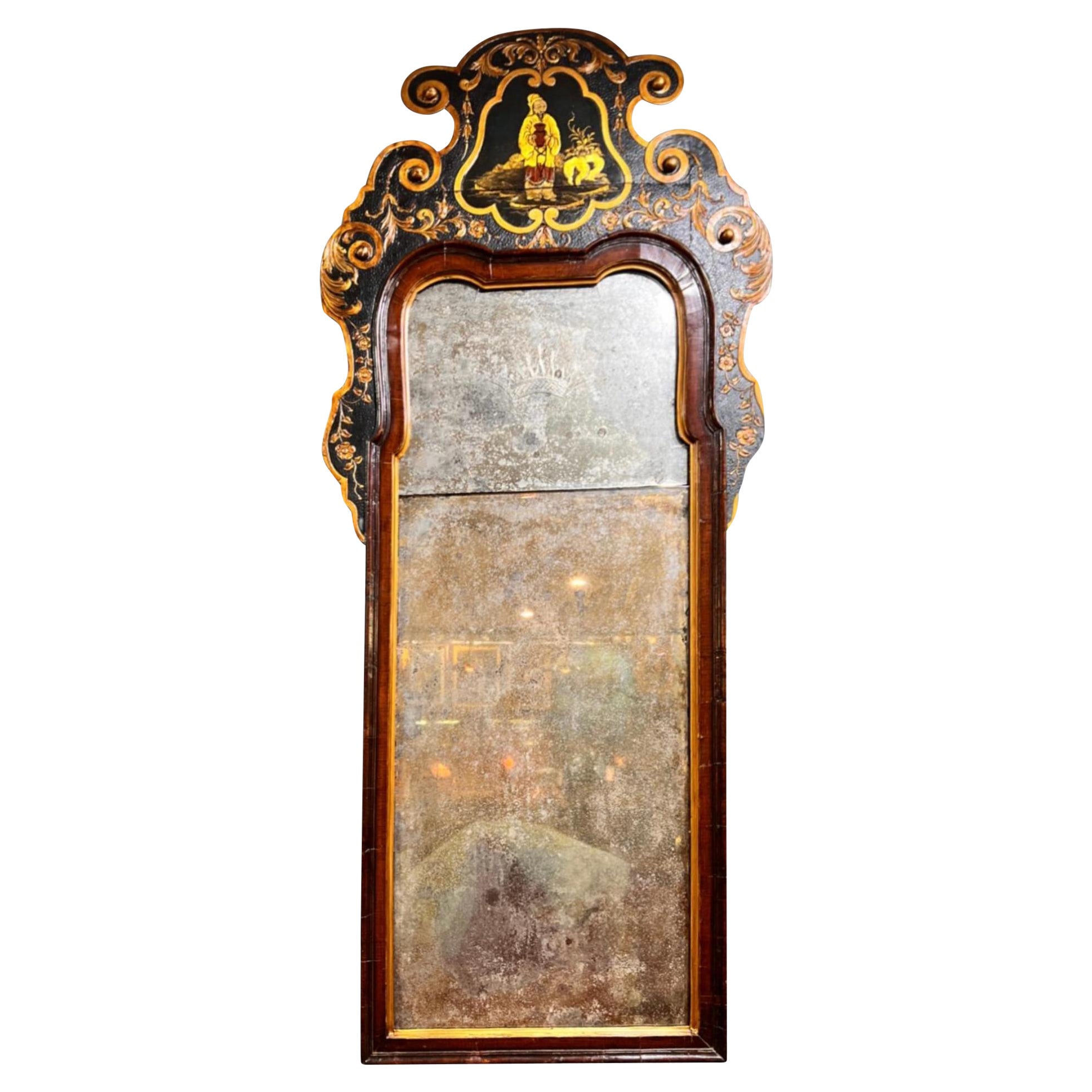 English Queen Anne Chinoiserie Decorated Mirror