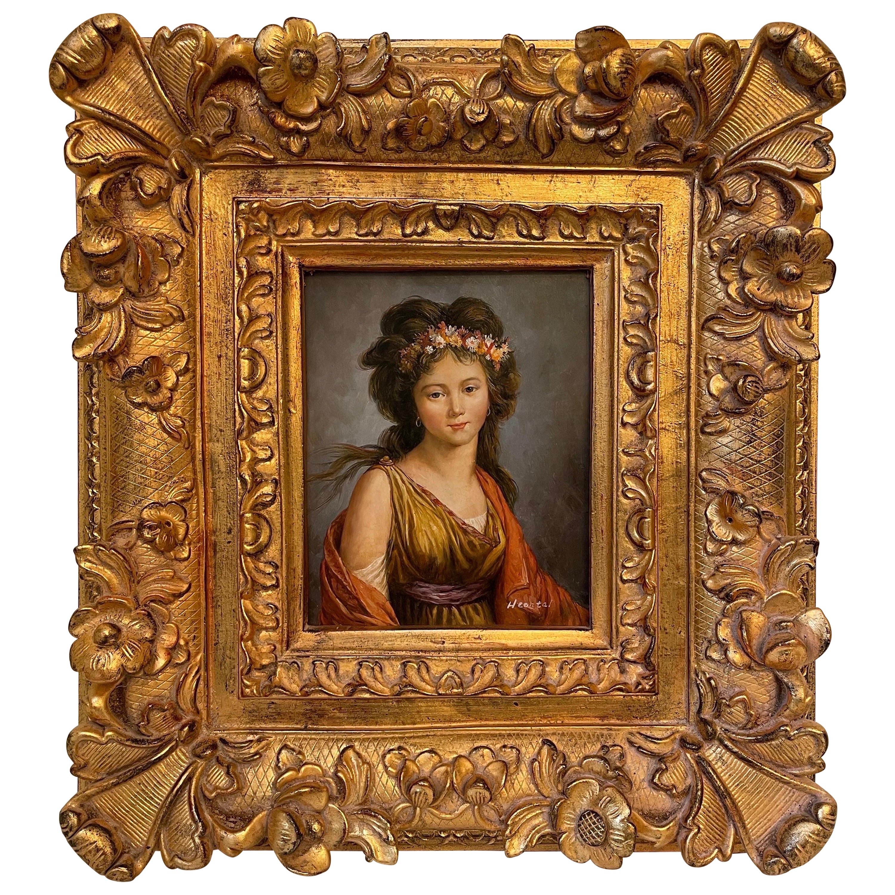 Peinture à l'huile originale Portrait de la comtesse Kagenek en Flora dans un cadre sculpté en vente