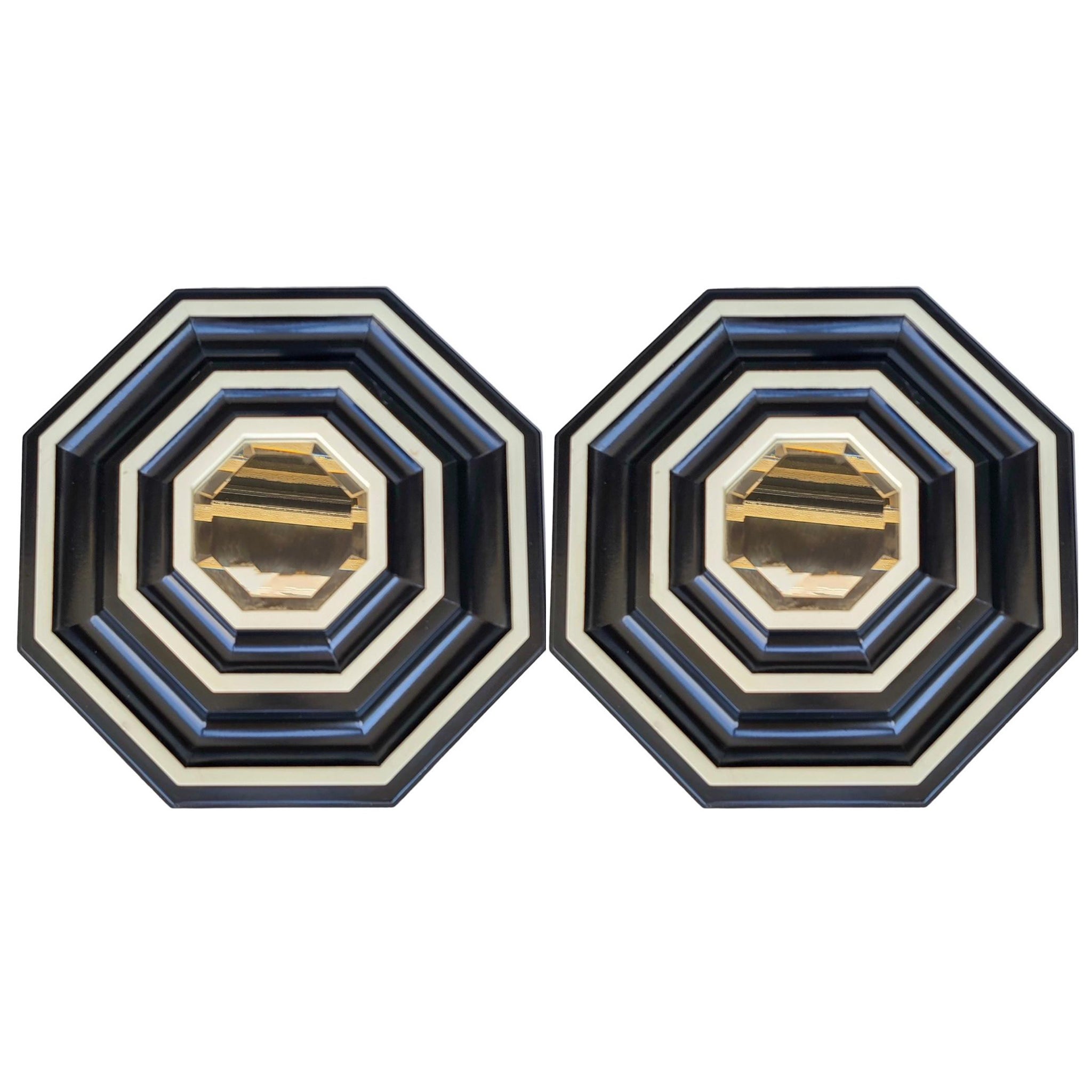 Mid-Century Modern Hexagon Form Ebonized Bullseye Beveled Wall Mirrors - Pair For Sale