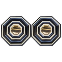 Vintage Mid-Century Modern Hexagon Form Ebonized Bullseye Beveled Wall Mirrors - Pair