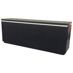 Chic Dresser in Black Lacquer and Brushed Steel Banding