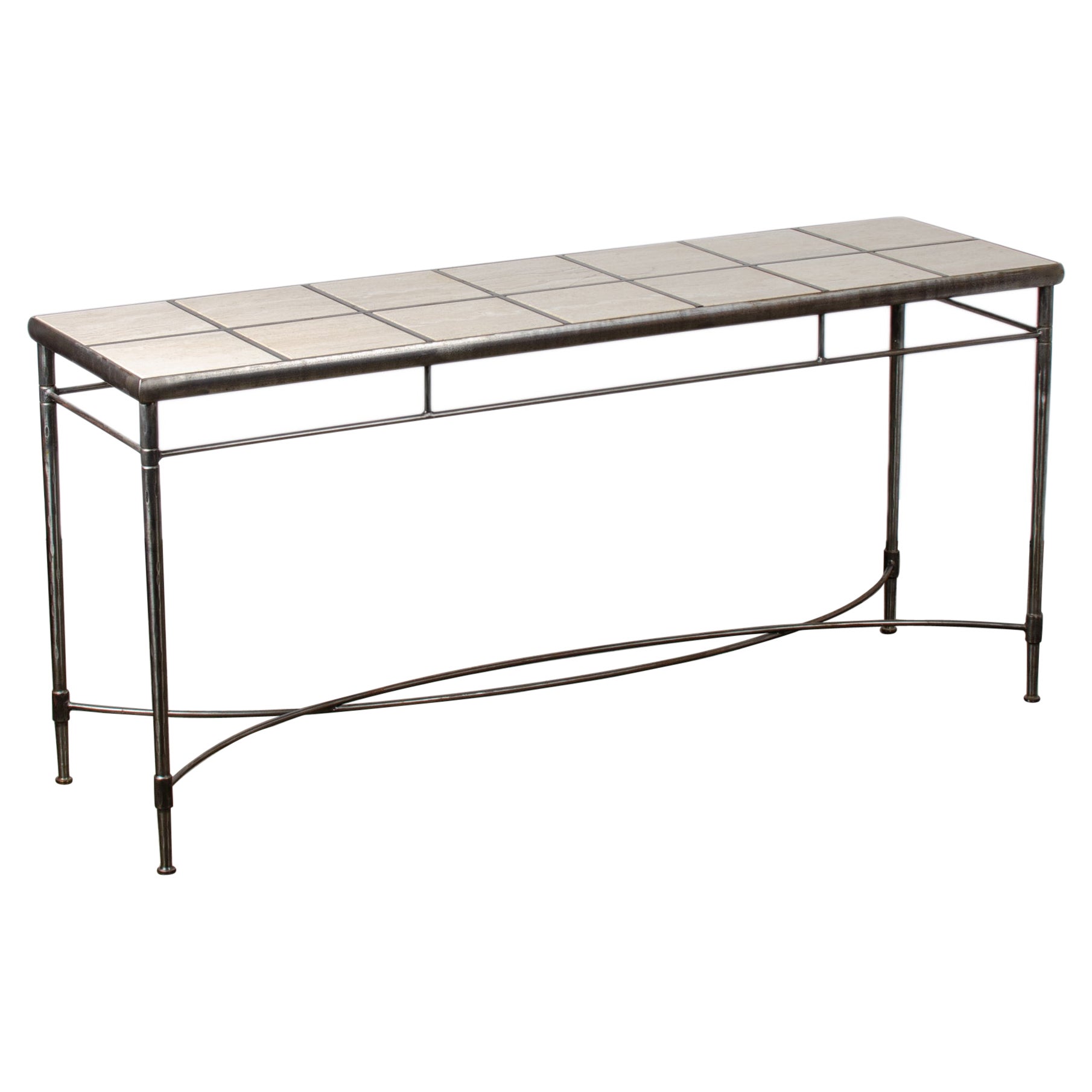 Italian Iron and Travertine Tile Console Table Regular price For Sale