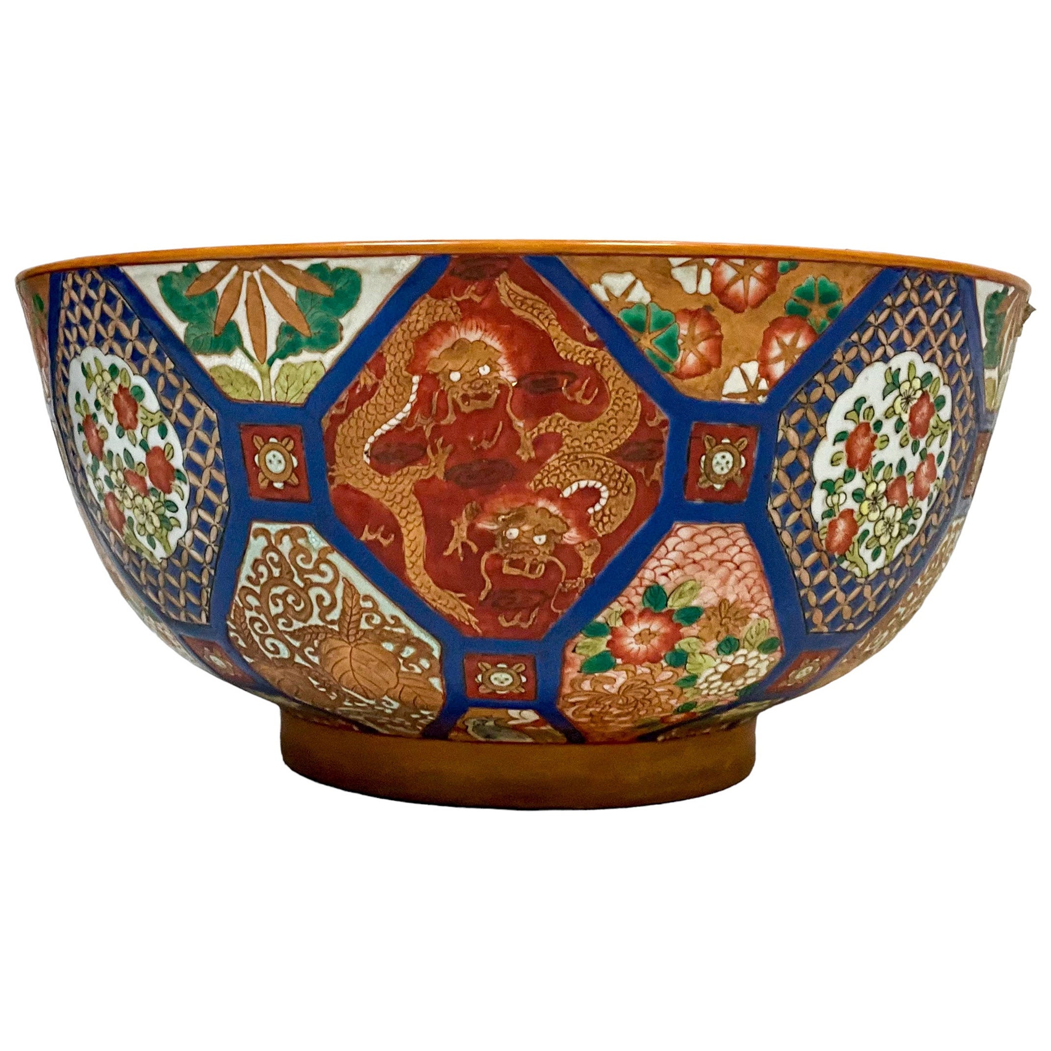Large Scale Chinese Export Style Blue & Orange Center Table Bowl W/ Dragons For Sale