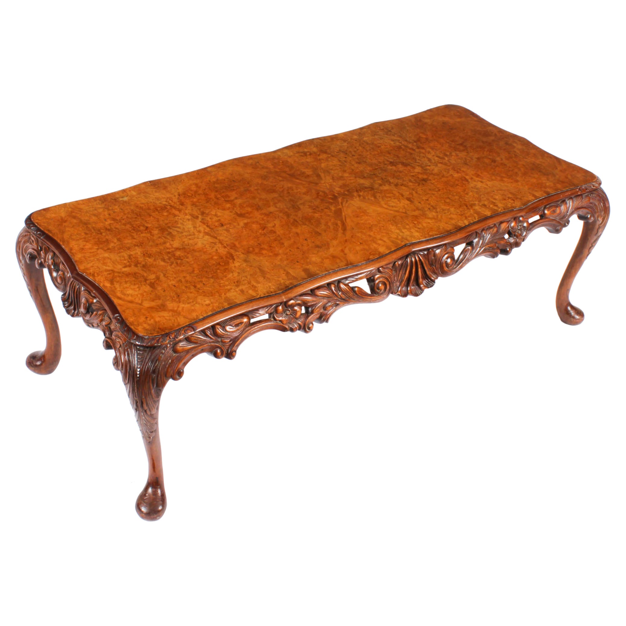 Antique Queen Anne Revival Burr Walnut Coffee Table c.1920 For Sale