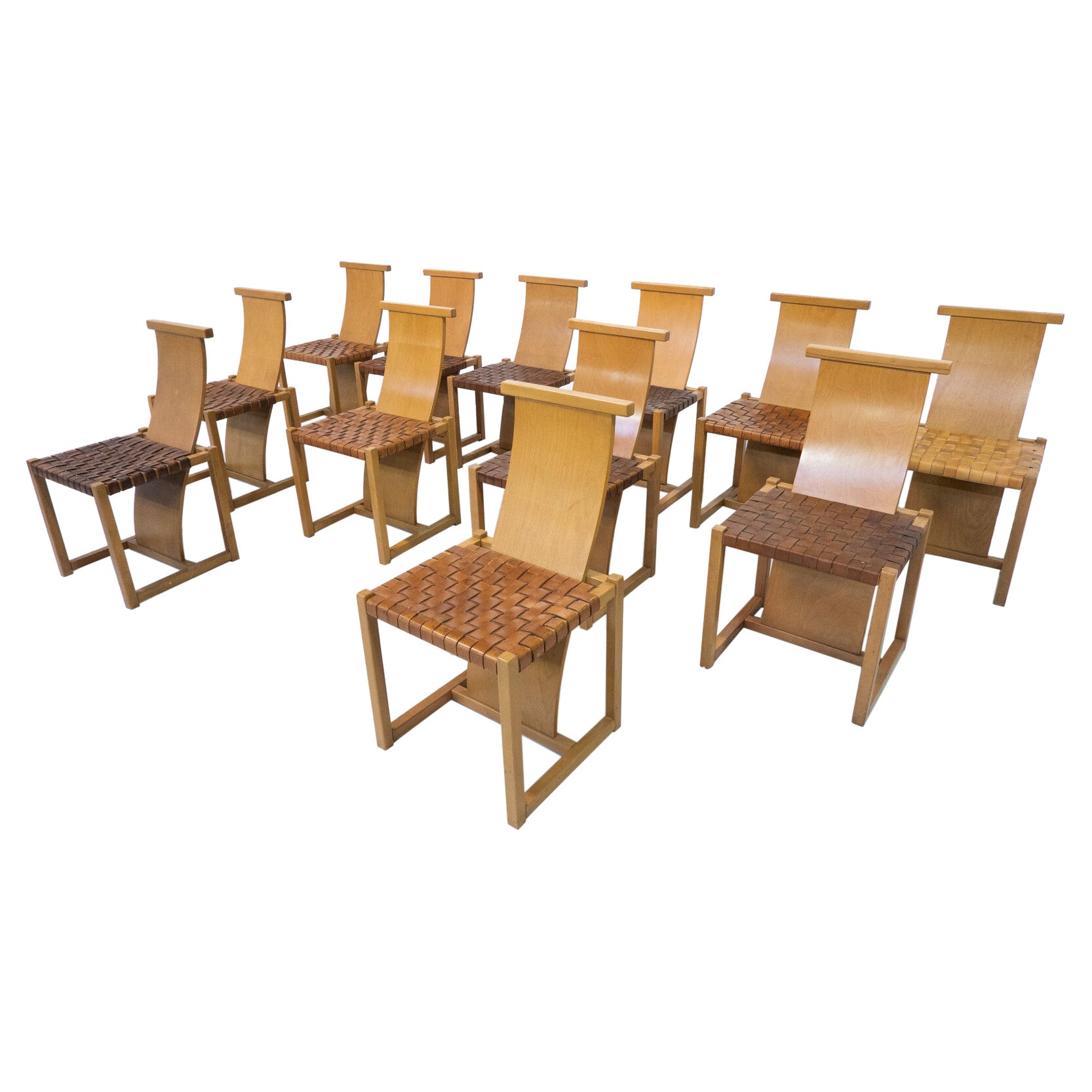 Mid-Century Modern Set of 12 Wood and Leather Chairs, Italy, 1950s For Sale
