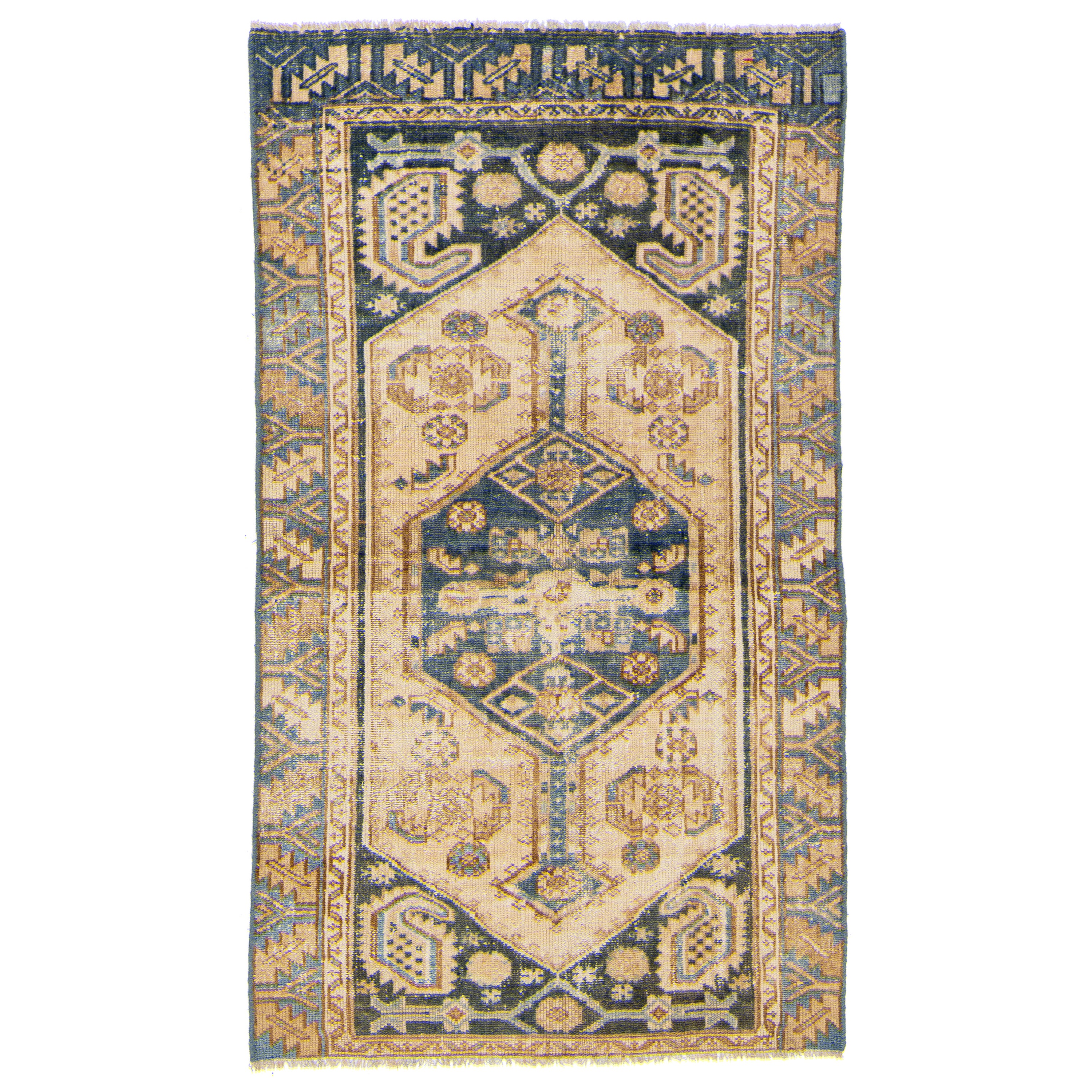  Antique Hamadan Tribal Wool Rug In Blue and Beige For Sale