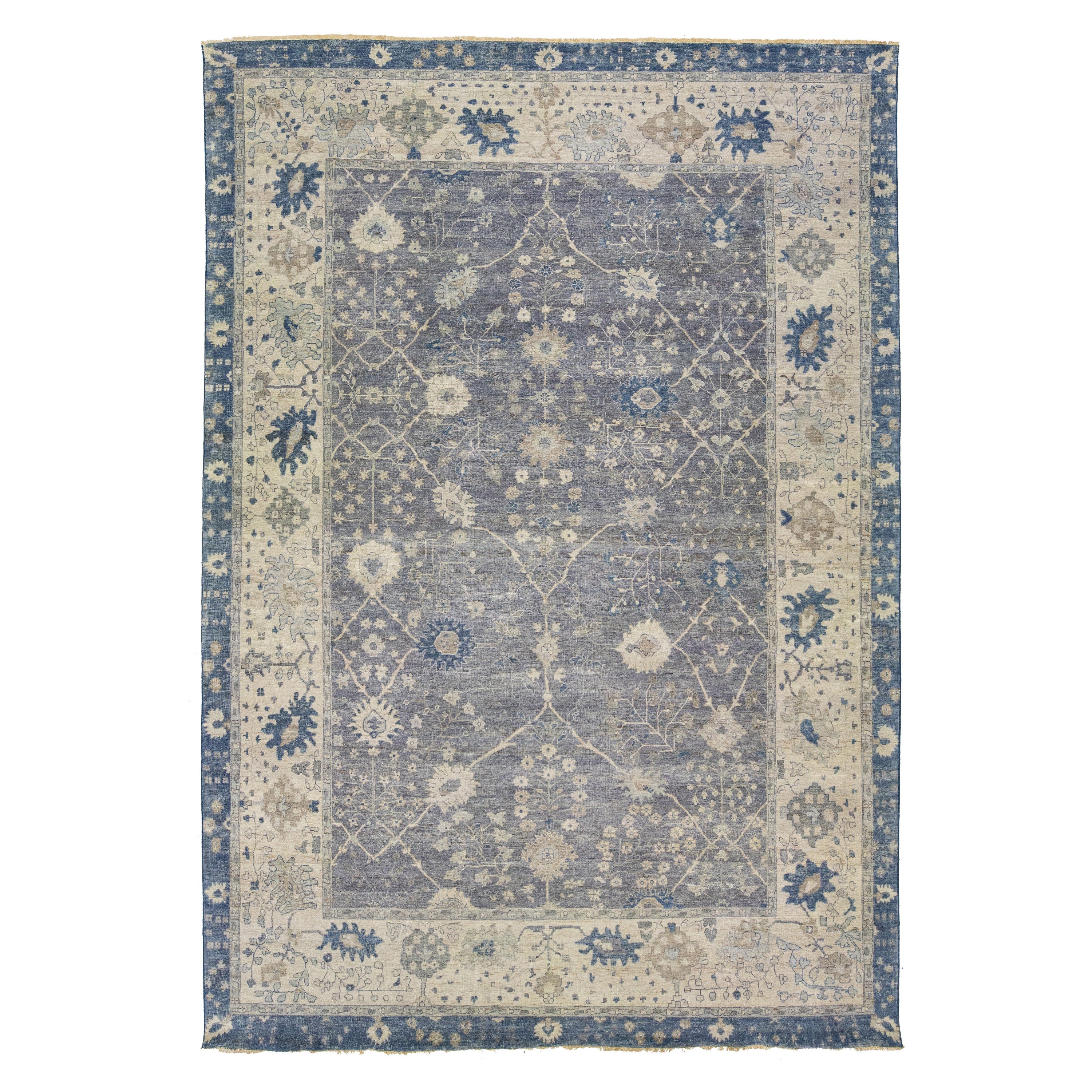 Gray Modern Indian Mahal Wool Rug With Floral Pattern by Apadana For Sale