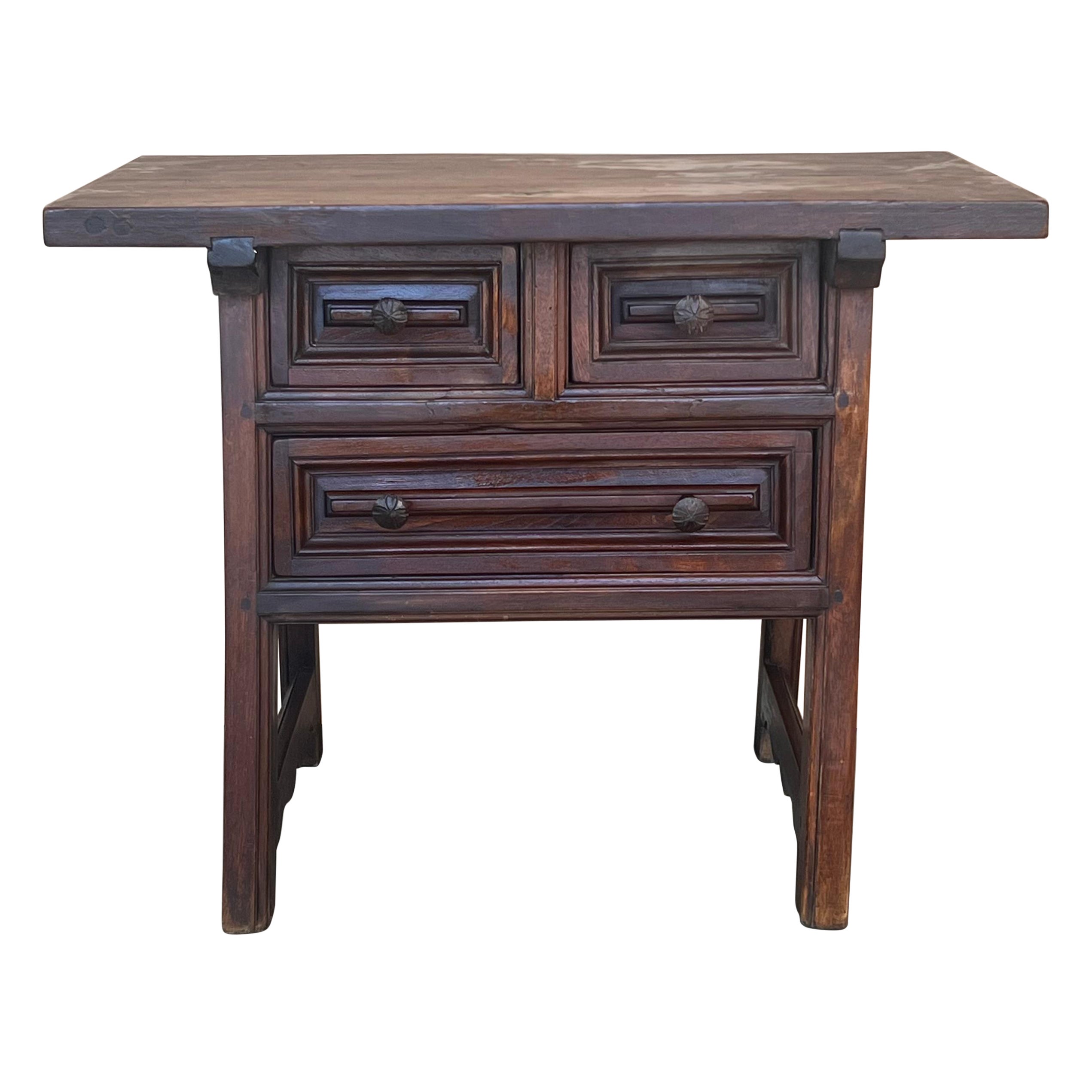 19th Century Rustic Artisan Made Pyrenees Mountains Side Three Drawers Table For Sale