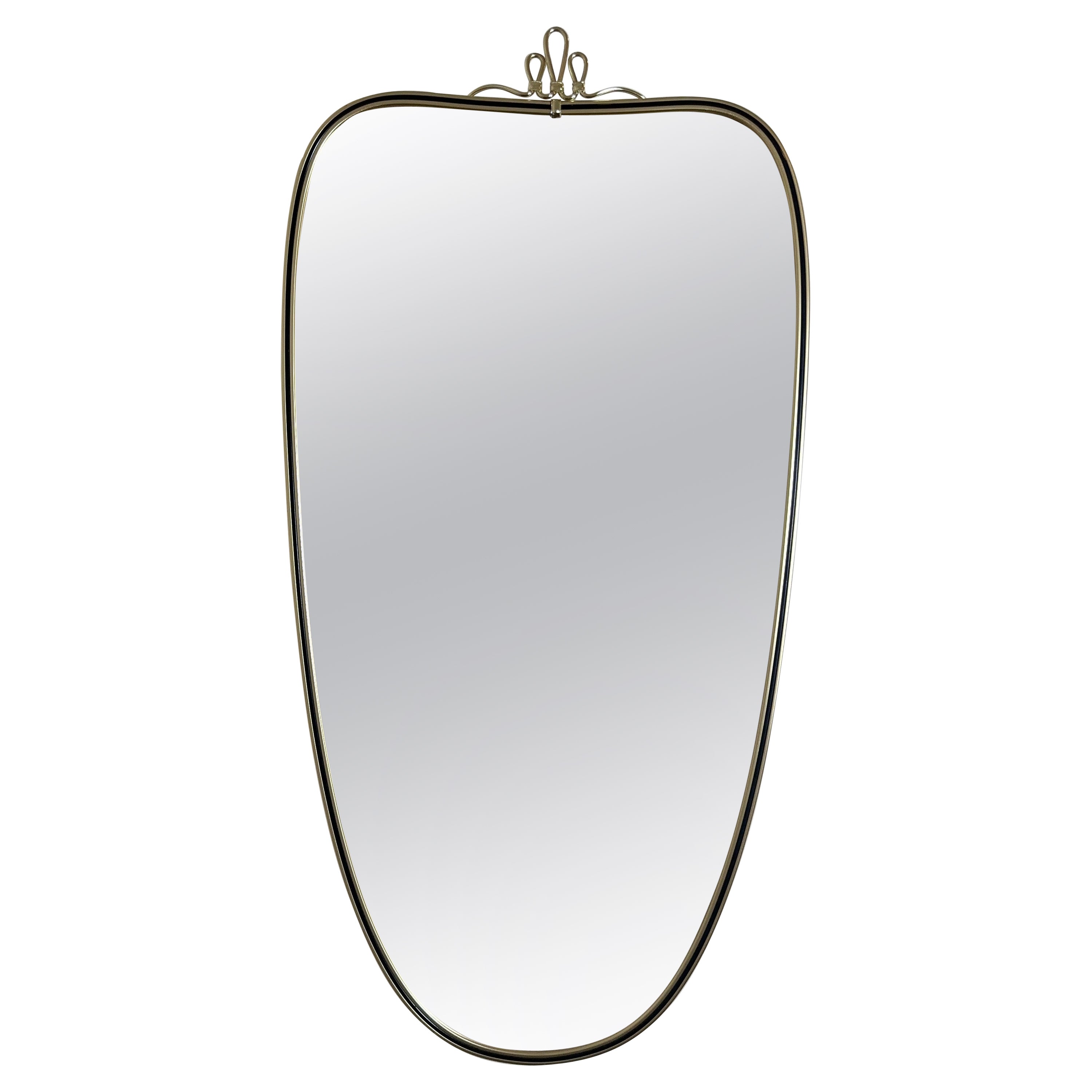 Vintage Mid Century Italian Brass & Black Shield Shape Mirror with Ribbon Detail
