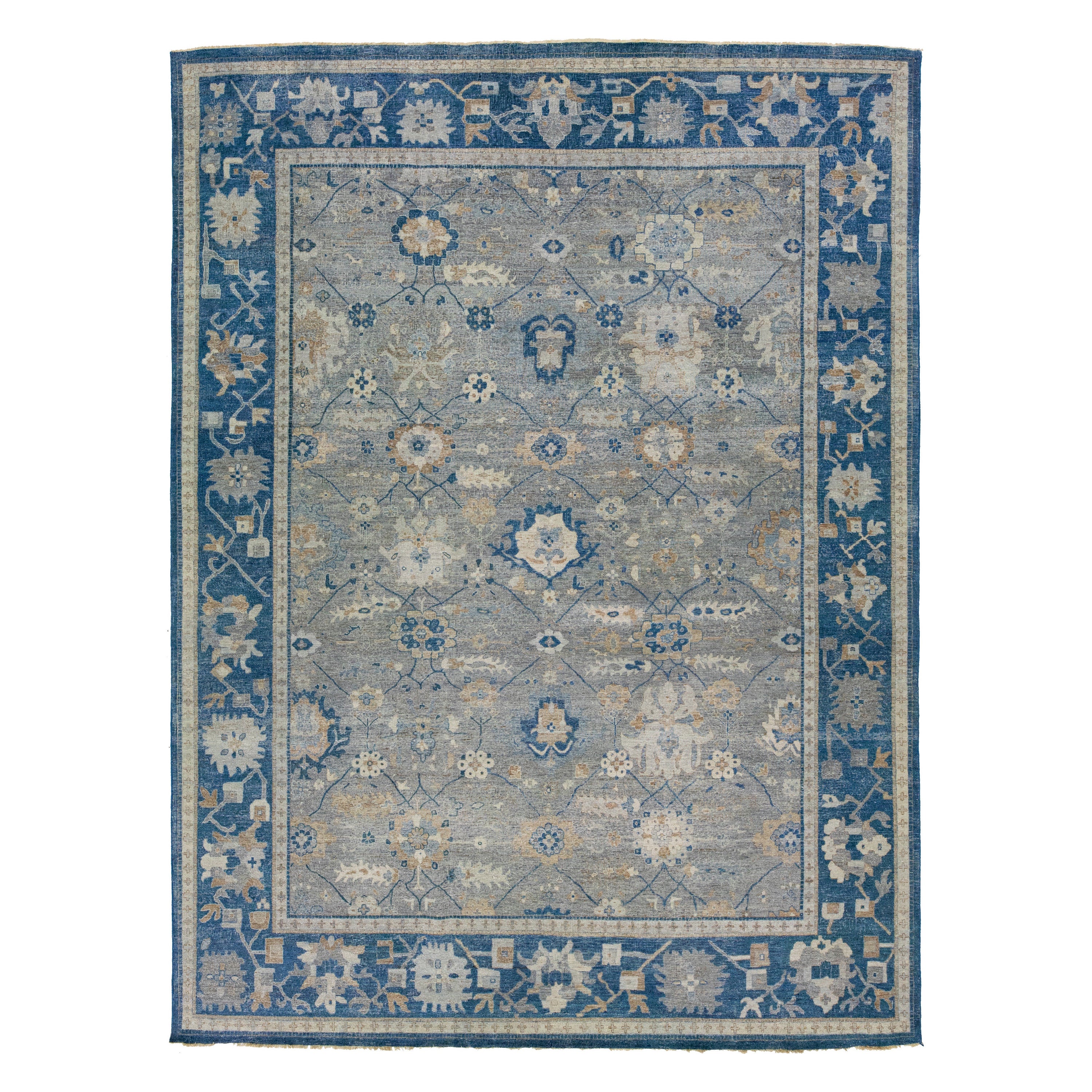 Blue And Gray Indian Mahal Wool Rug Handmade by Apadana For Sale