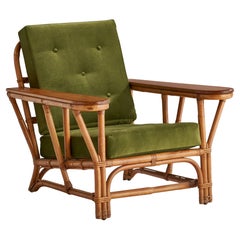 Vintage American Designer, Lounge Chair, Maple, Velvet, Bamboo, Rattan, USA, 1940s