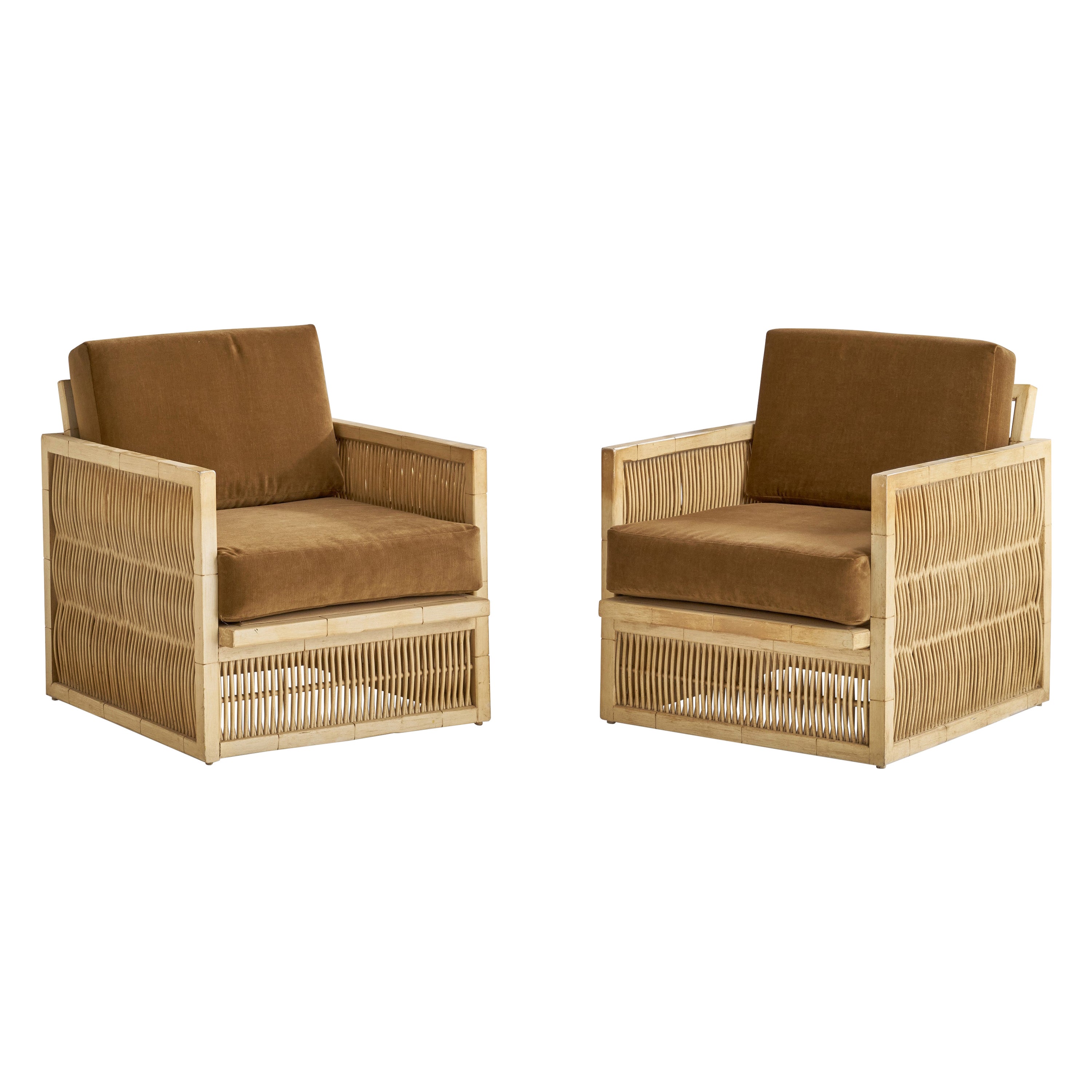American Designer, Lounge Chairs, Oak, Bamboo, Velvet, USA, 1960s