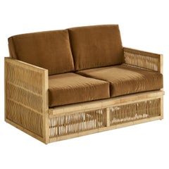 Used American Designer, Settee, Oak, Bamboo, Velvet, USA, 1960s